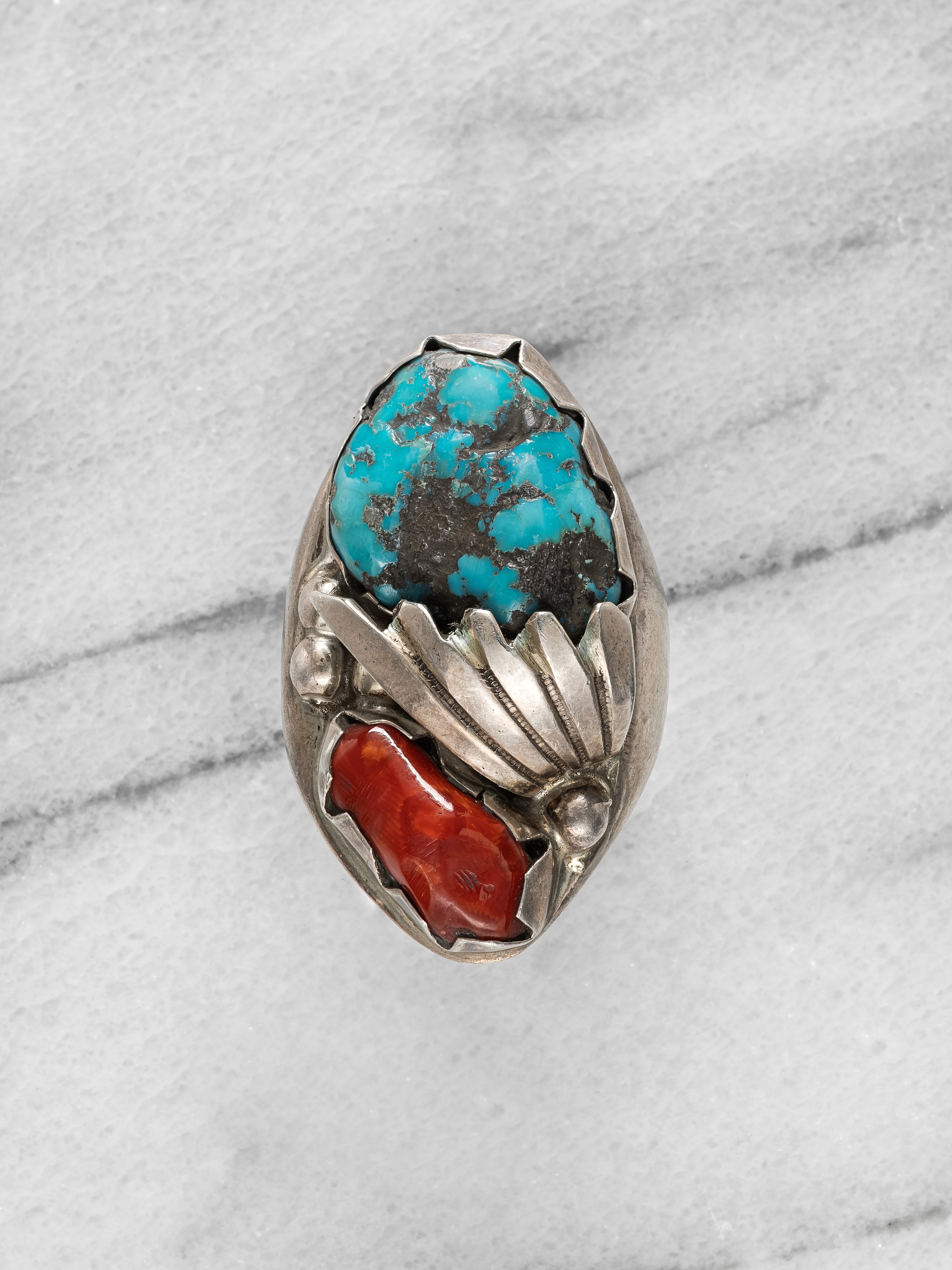 Navajo Sterling Silver Turquoise and Coral Ring