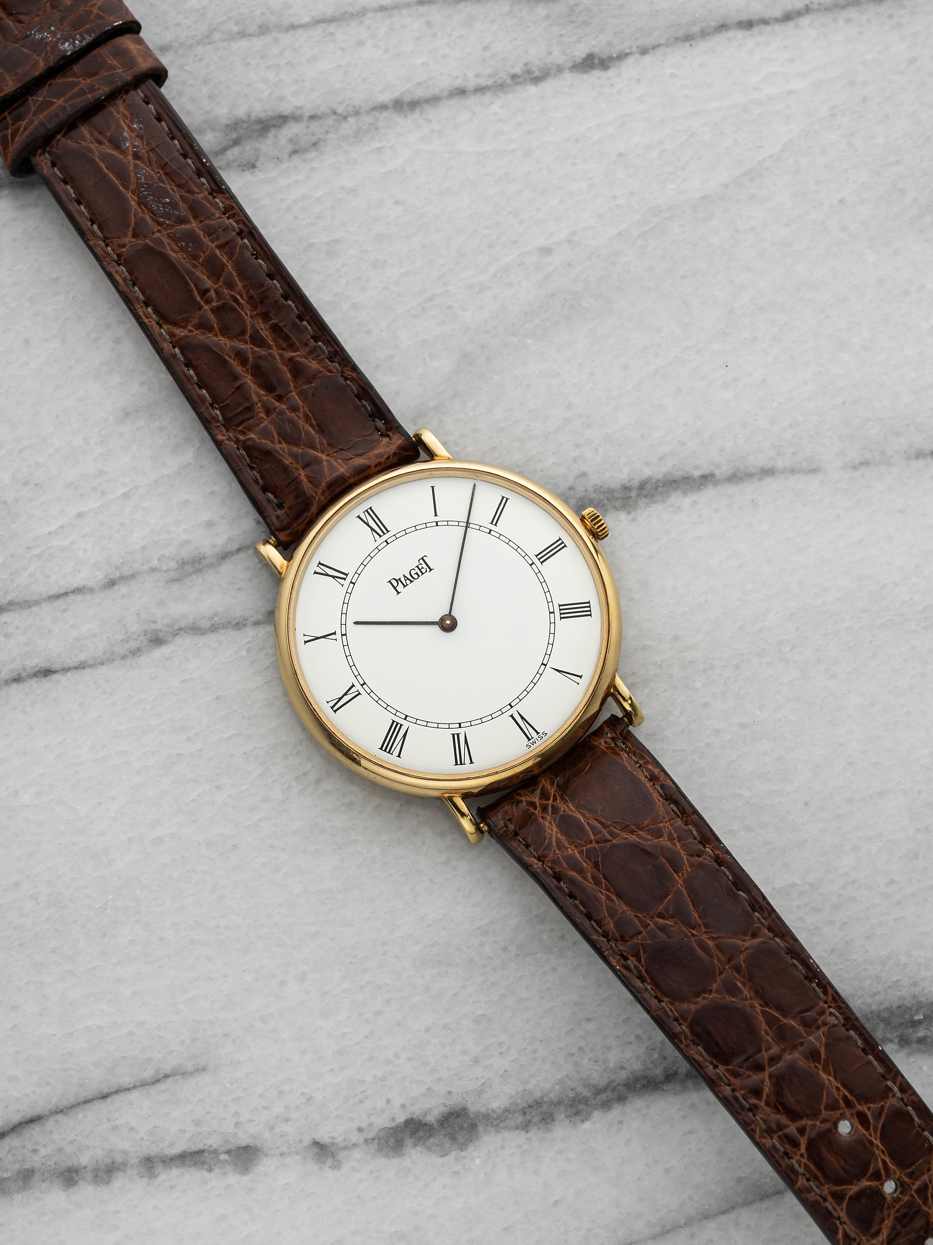 Vintage 1980s Piaget 8035 N Dress Watch 18K YG White Roman Dial Quartz 32 mm