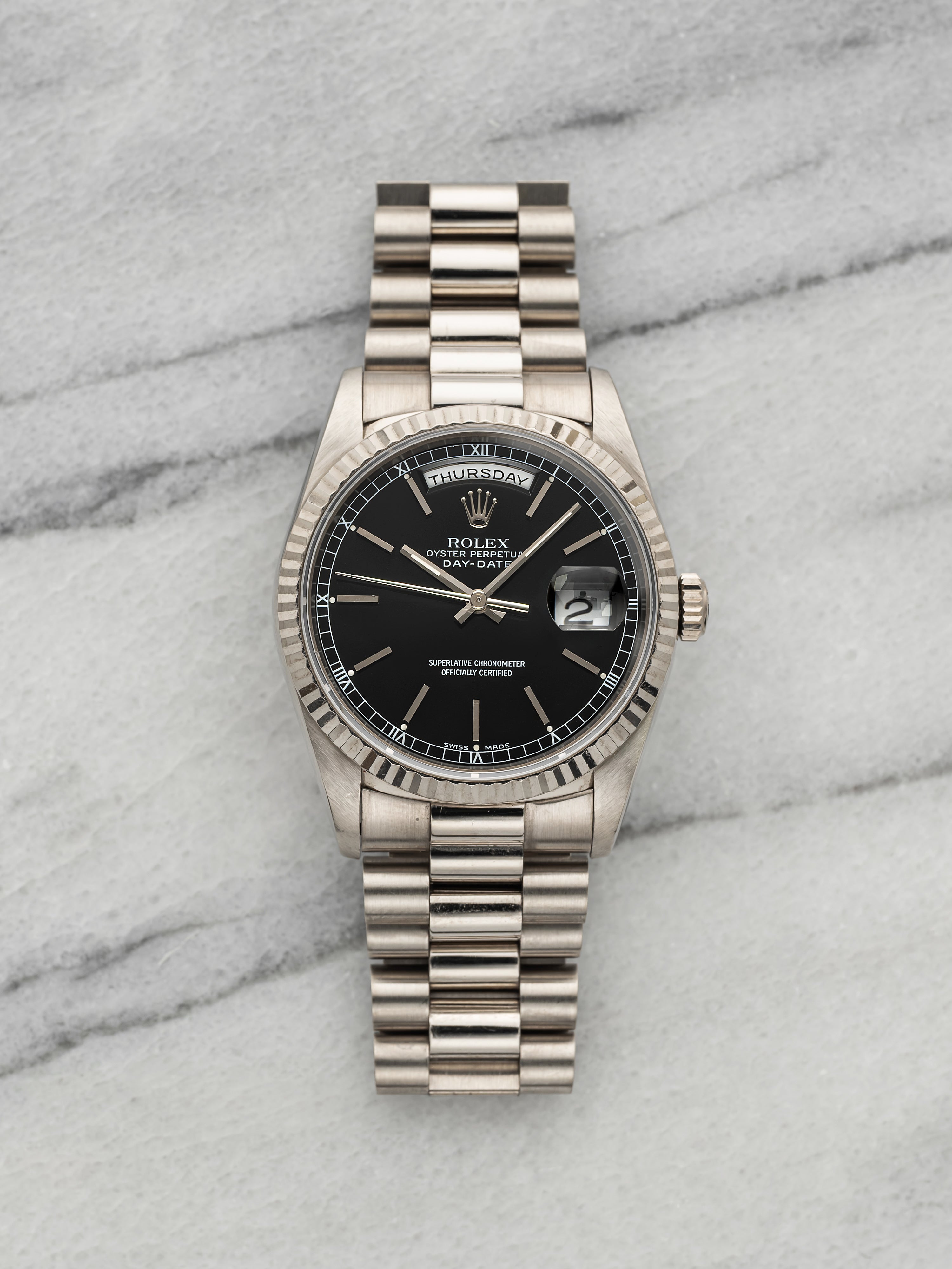 Vintage 1989 Rolex Day-Date 18239 18K White Gold Black Dial Automatic 36mm