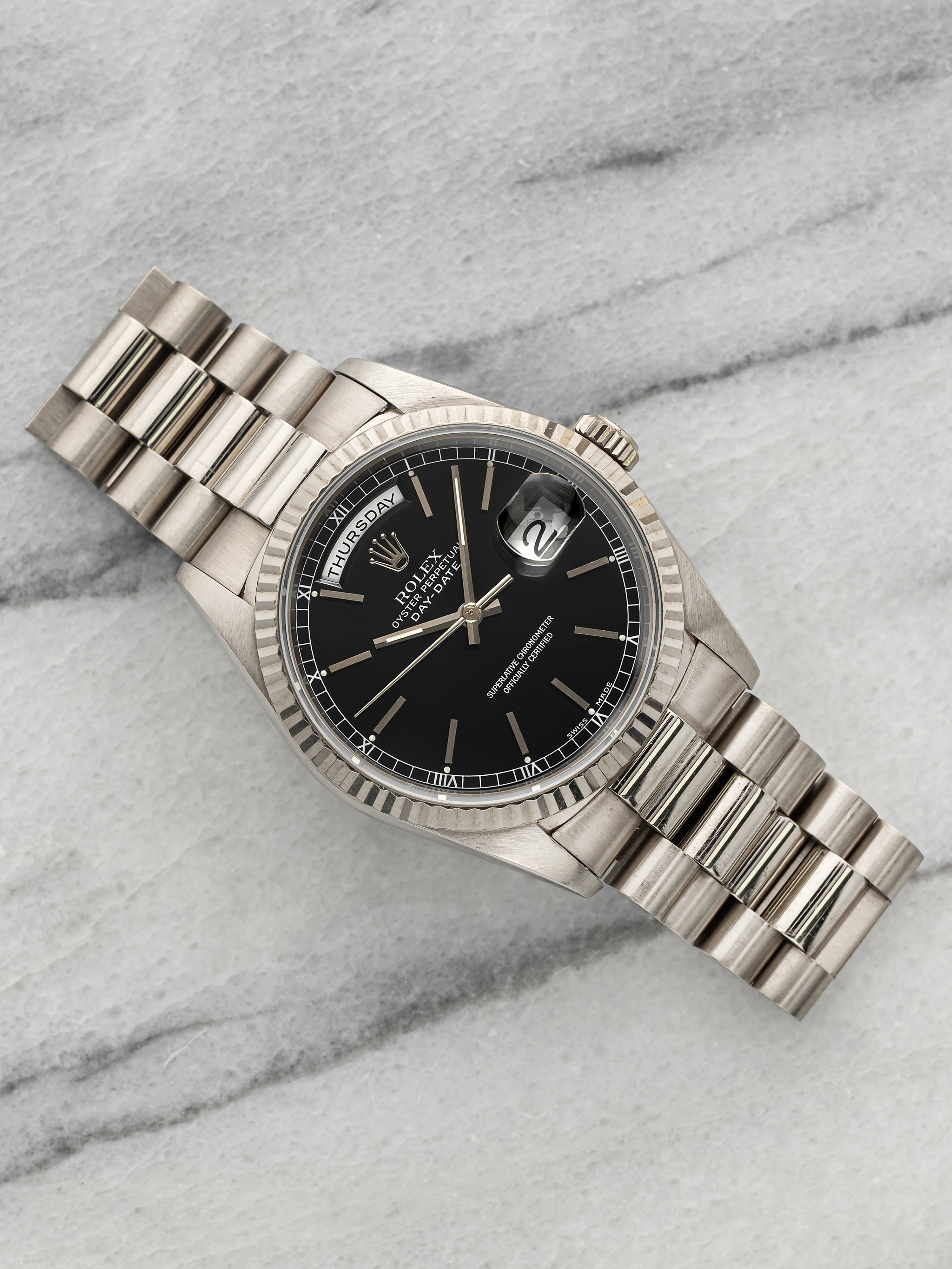 Vintage 1989 Rolex Day-Date 18239 18K White Gold Black Dial Automatic 36mm