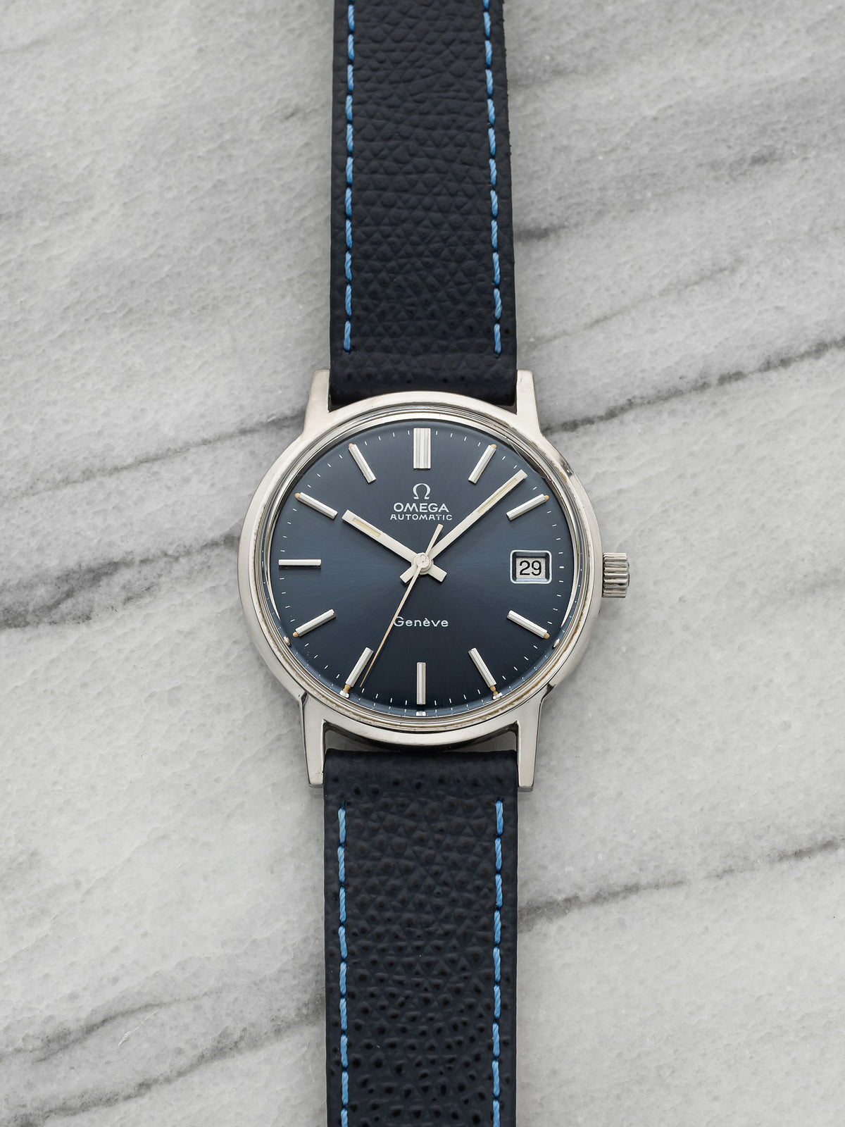 1970s Omega Geneve Stainless Steel Blue Sunburst Dial Automatic 35mm