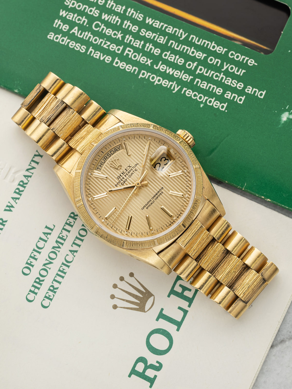 Vintage 1985 Rolex Day-Date 18078 18K YG Bark Finish Tapestry Dial Auto 36mm