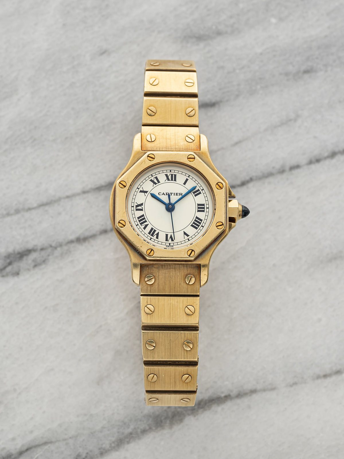 Vintage 1979 Cartier Lady Santos Octagonal 0906 18K YG White Roman Auto 24mm