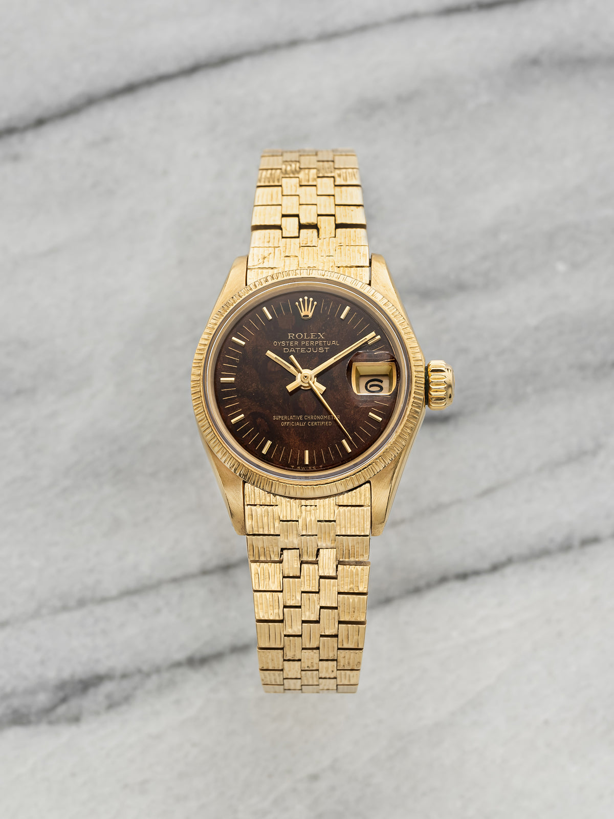 Vintage 1969 Rolex Lady Datejust 6521 18K YG Walnut Burl Wood Dial Auto 26mm
