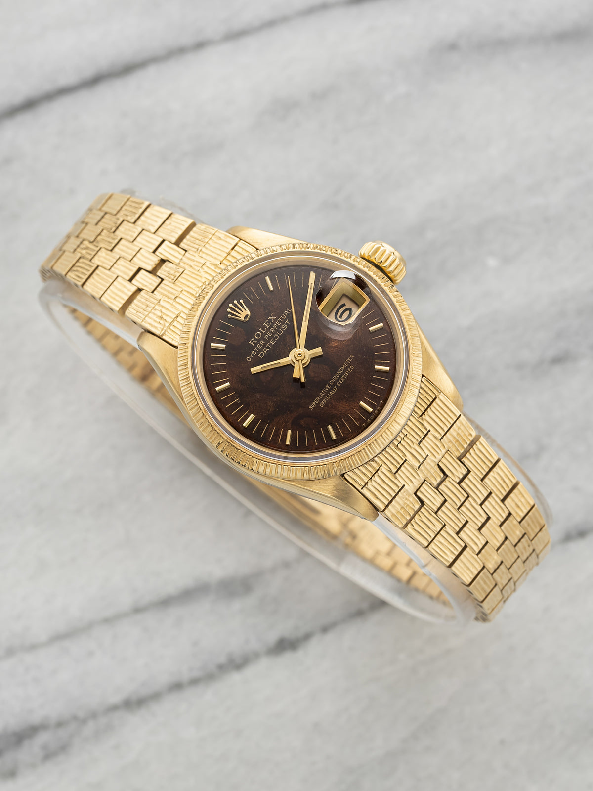 Vintage 1969 Rolex Lady Datejust 6521 18K YG Walnut Burl Wood Dial Auto 26mm