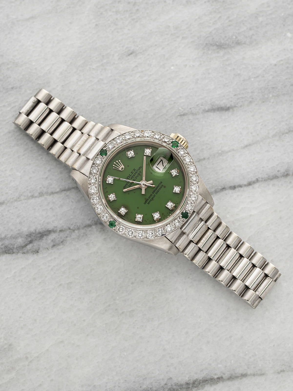 Vintage 1978 Rolex Lady Datejust 6907 18K WG Green Stella Diamond Dial Auto 26mm