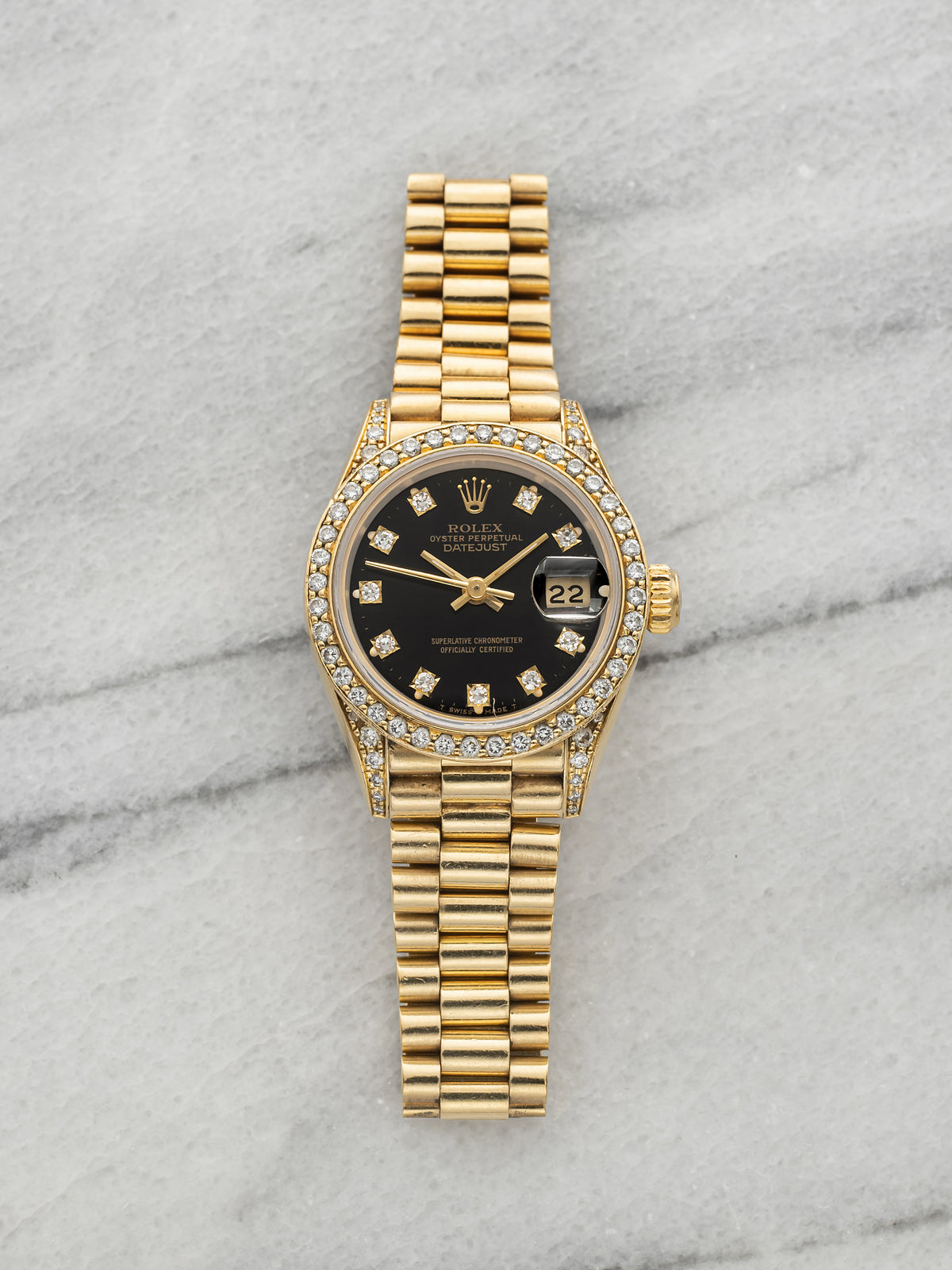 Vintage 1990 Rolex Lady Datejust President 69158 18K YG Black Diamond Dial 26mm