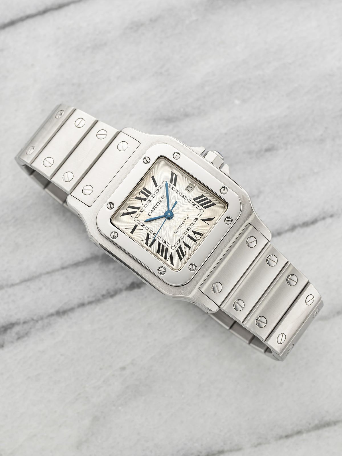 Vintage 1990s Cartier Santos 2319 Stainless Steel Guilloche Dial Automatic 29mm