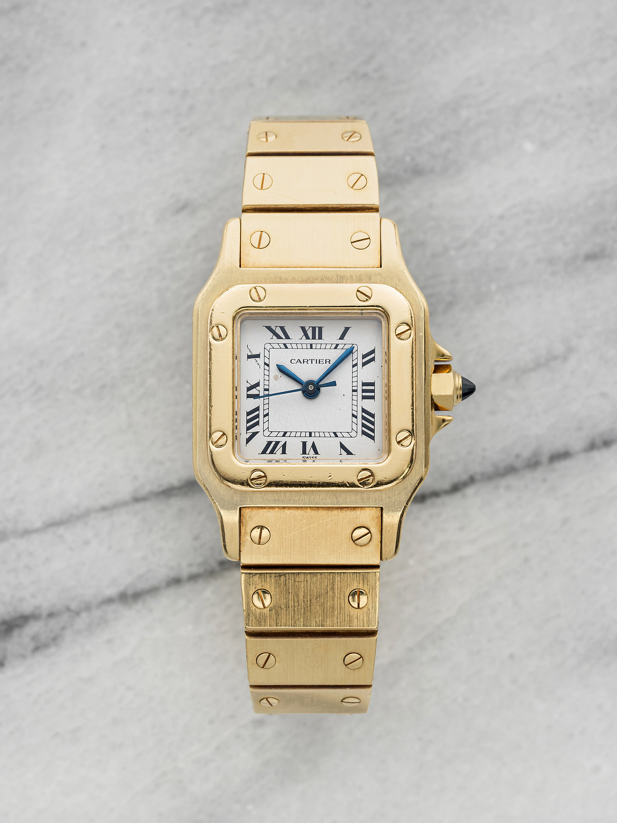 Vintage 1990s Cartier Santos Carree 0901 18K YG White Roman Dial Auto 24mm