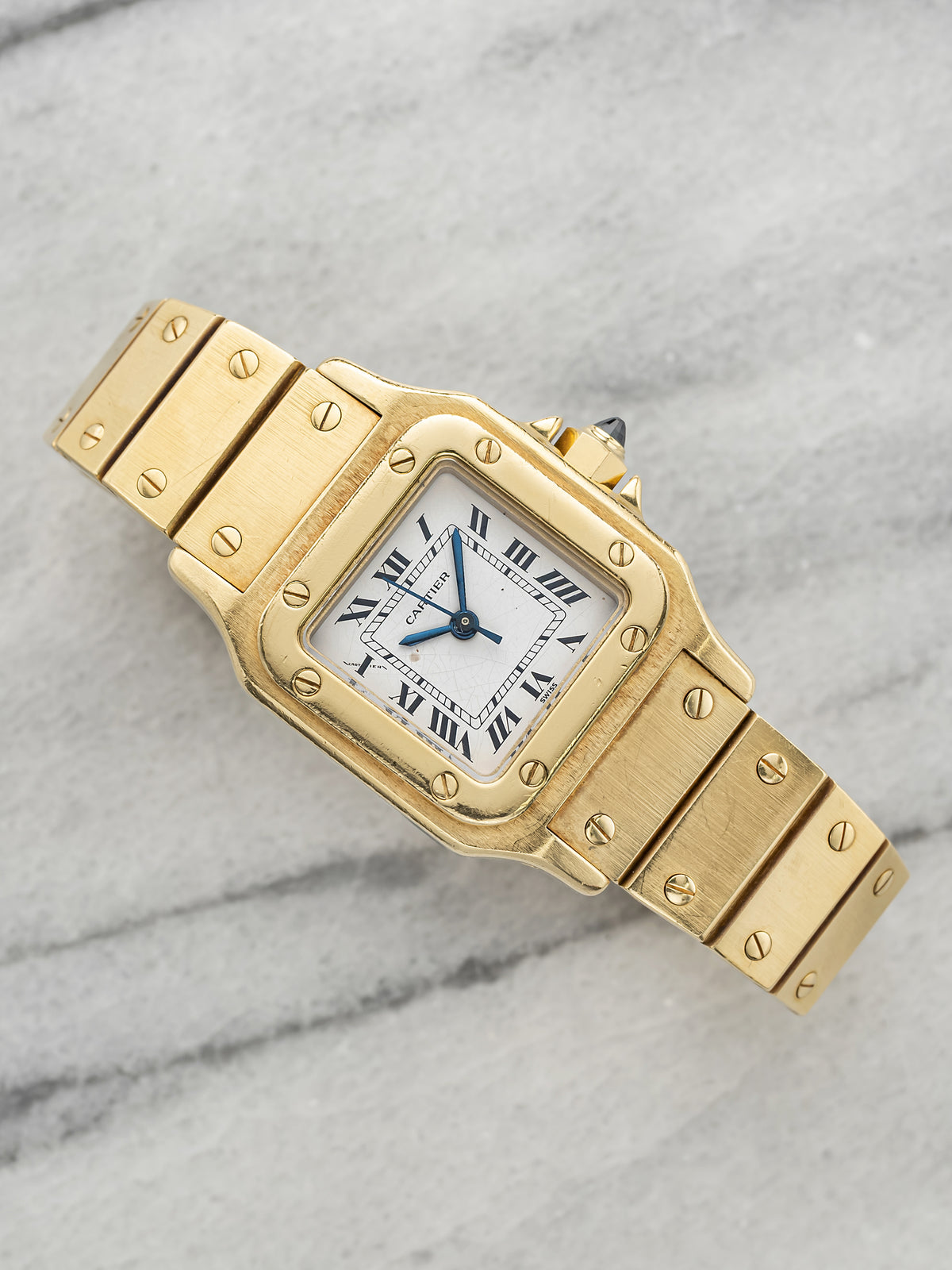 Vintage 1990s Cartier Santos Carree 0901 18K YG White Roman Dial Auto 24mm