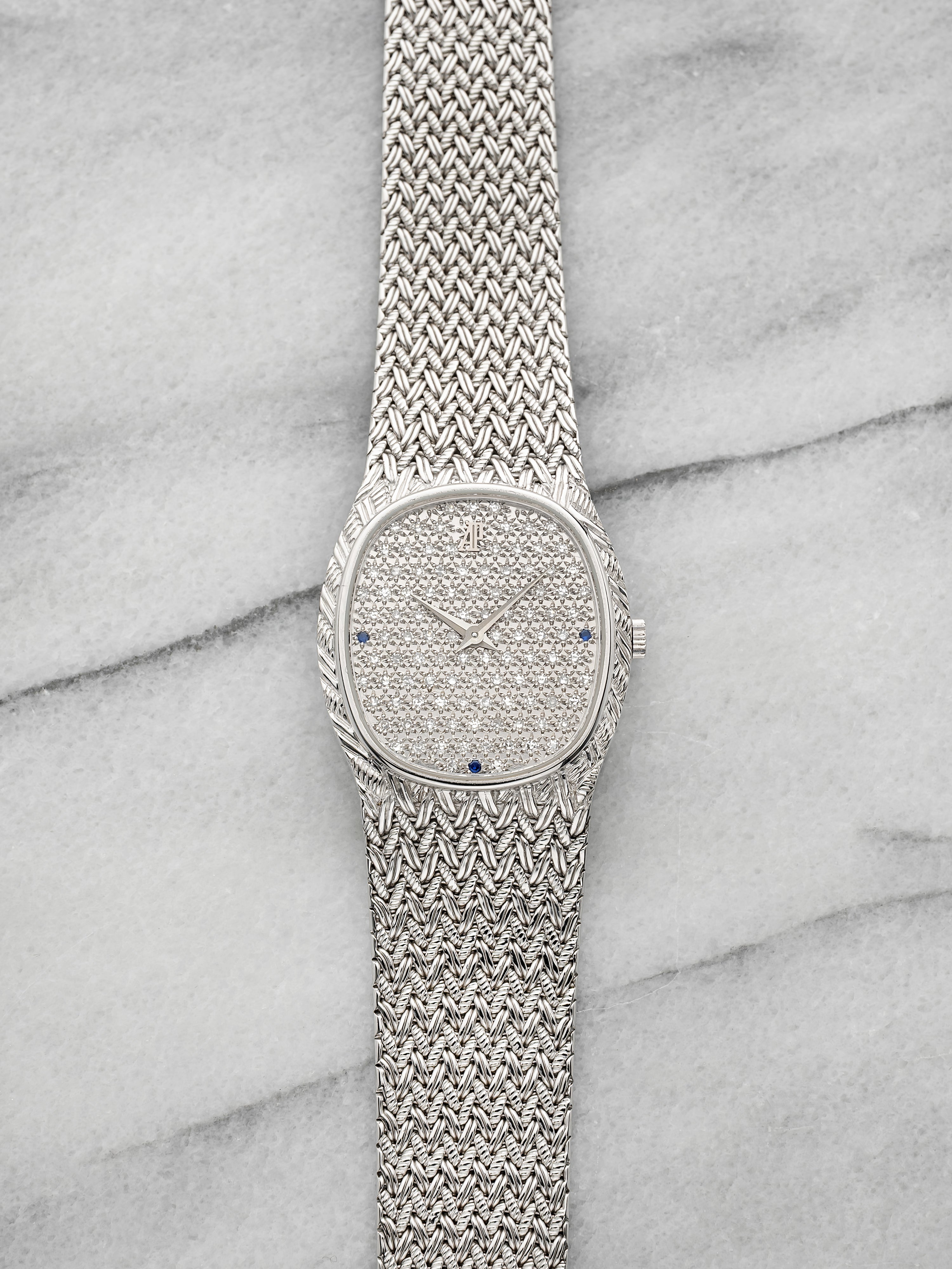 Vintage 1980s Audemars Piguet Cobra 18K WG Diamond Pave Sapphire Dial 27mm