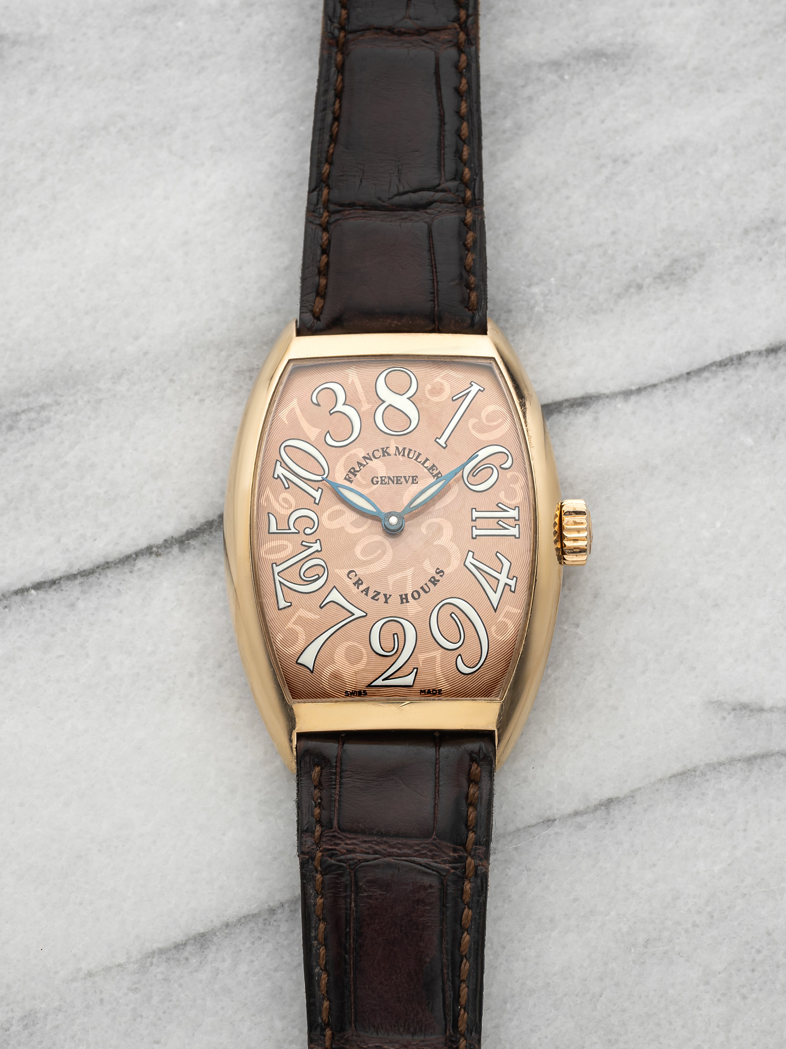 2000s Franck Muller Crazy Hours 7851 CH 18K Yellow Gold Salmon Dial Auto 36mm
