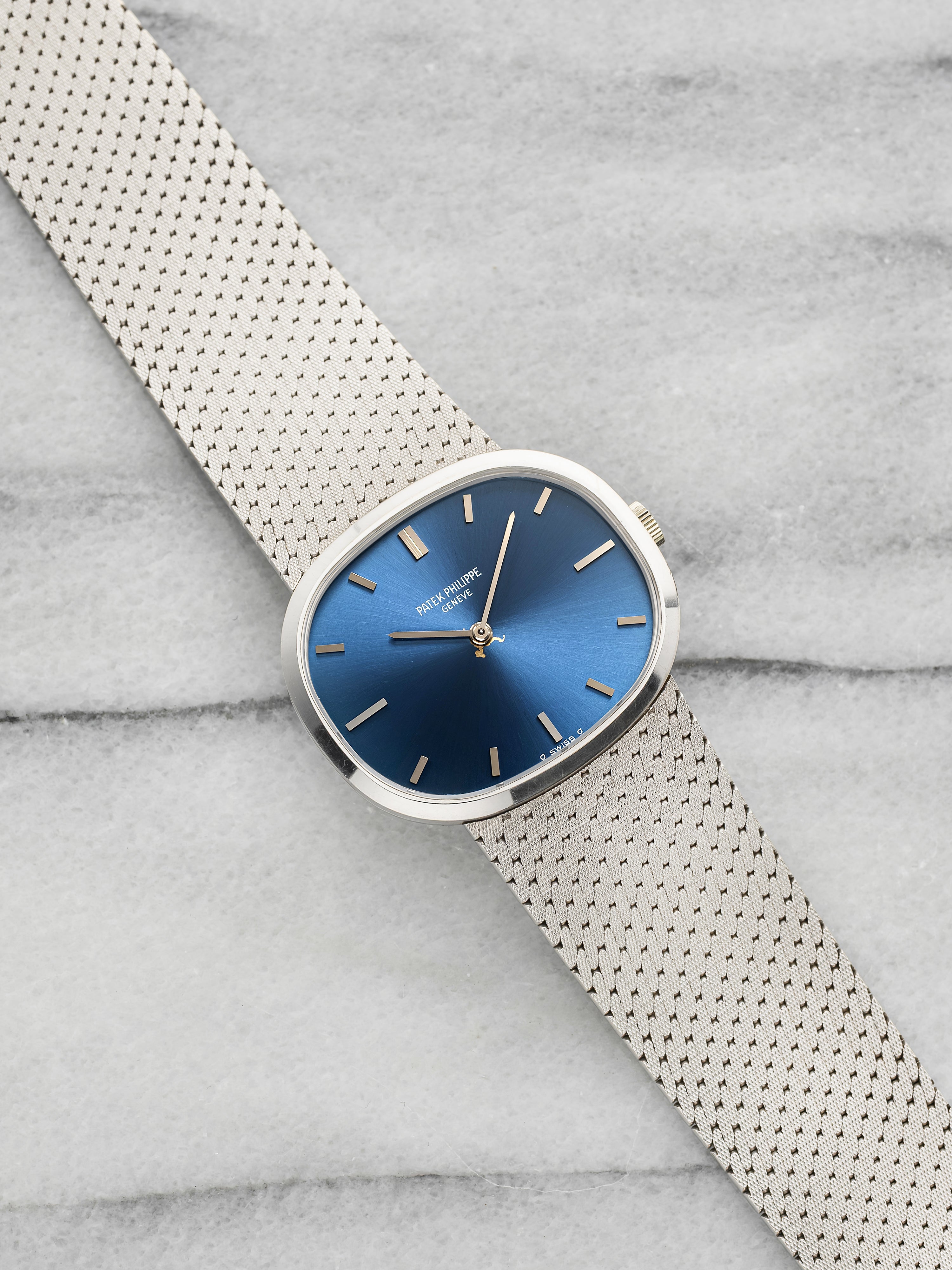 Vintage 1980s Patek Philippe Ellipse 3545/1 18k White Gold Blue Dial Manual 32mm