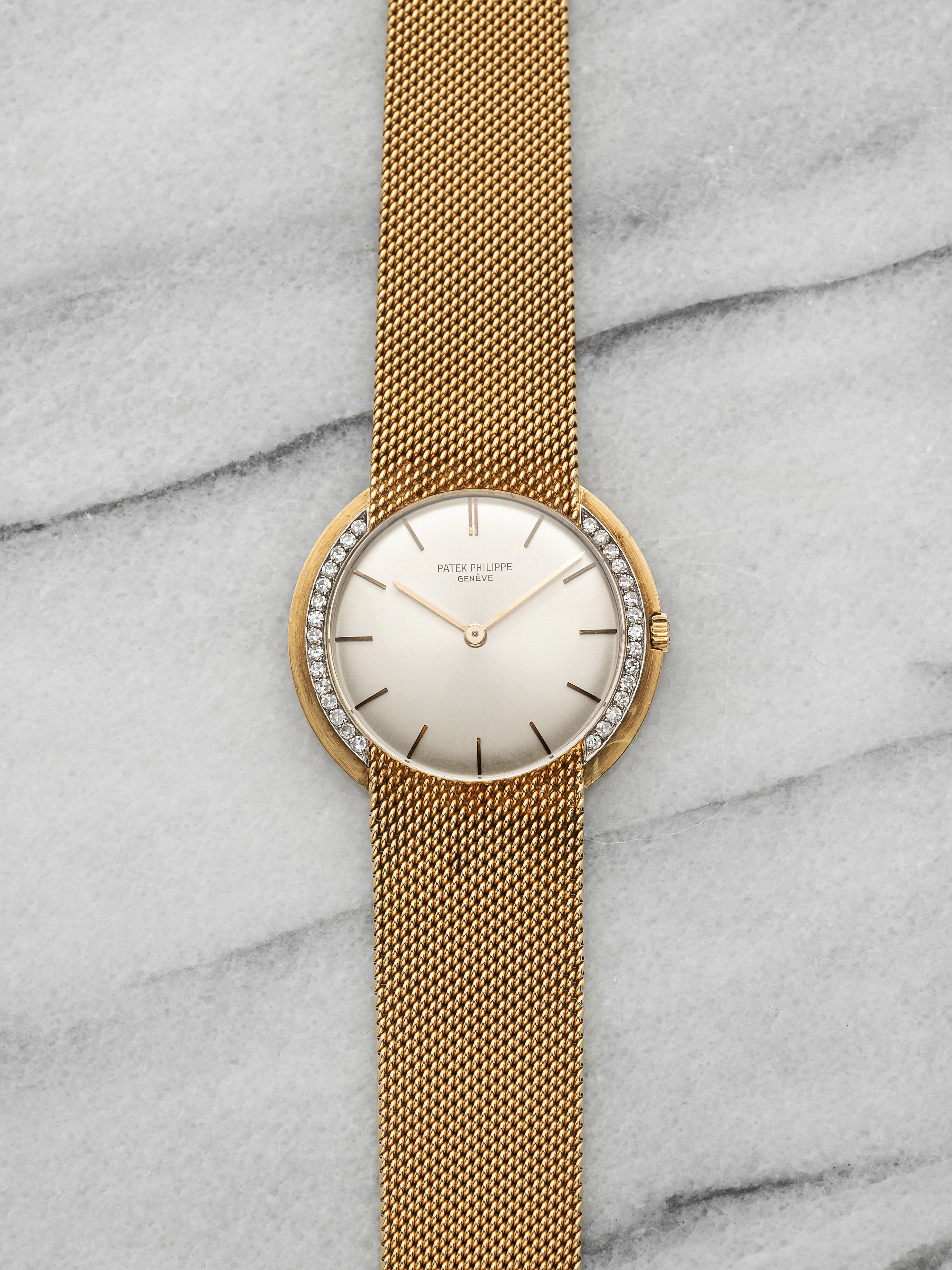 Vintage 1970s Patek Philippe 18K YG Silver Dial Diamond Bezel Manual 32mm