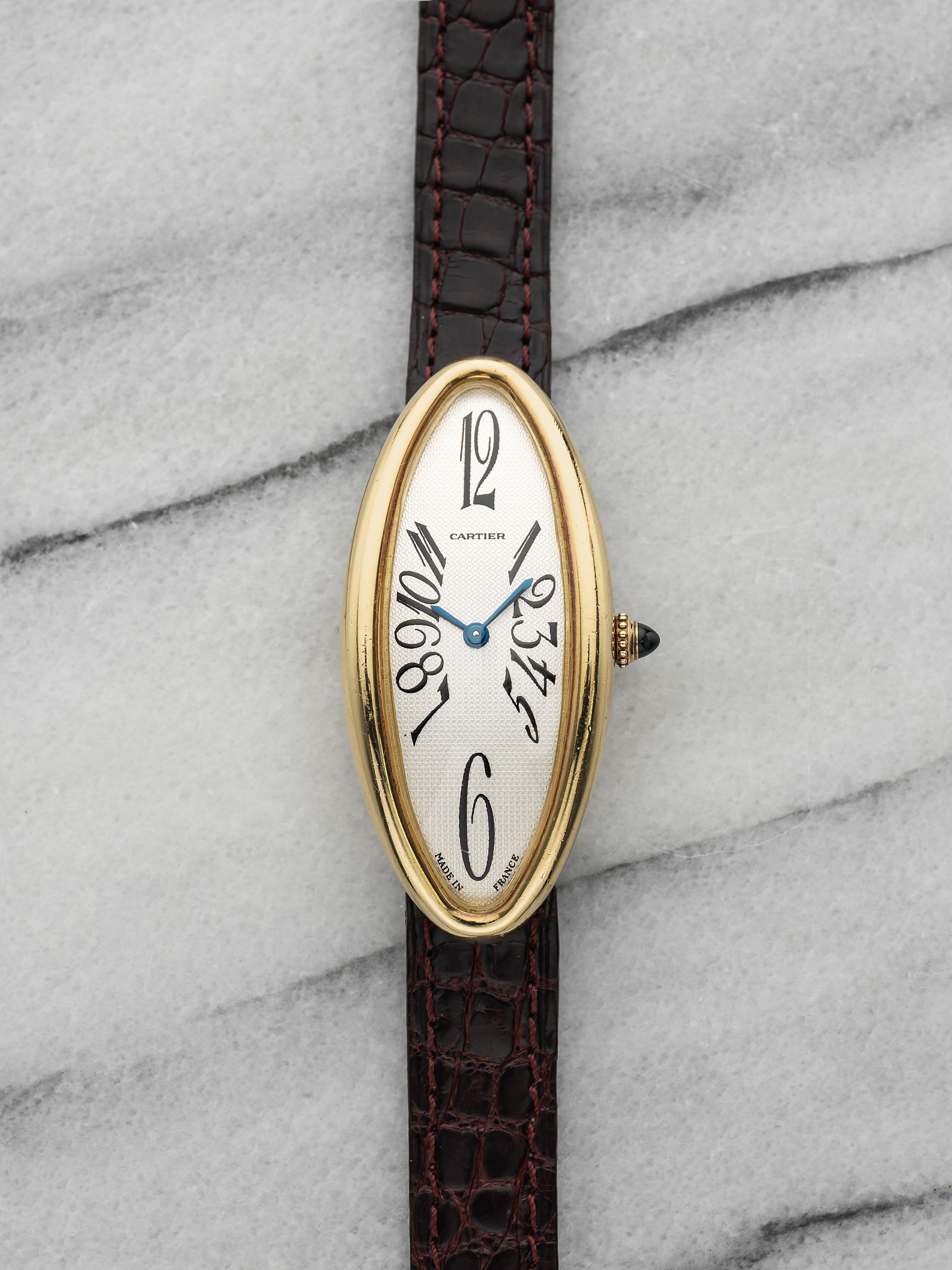 2000s Cartier Baignoire Allongee 2605 18K YG Silvered Guilloche Dial Quartz 21mm
