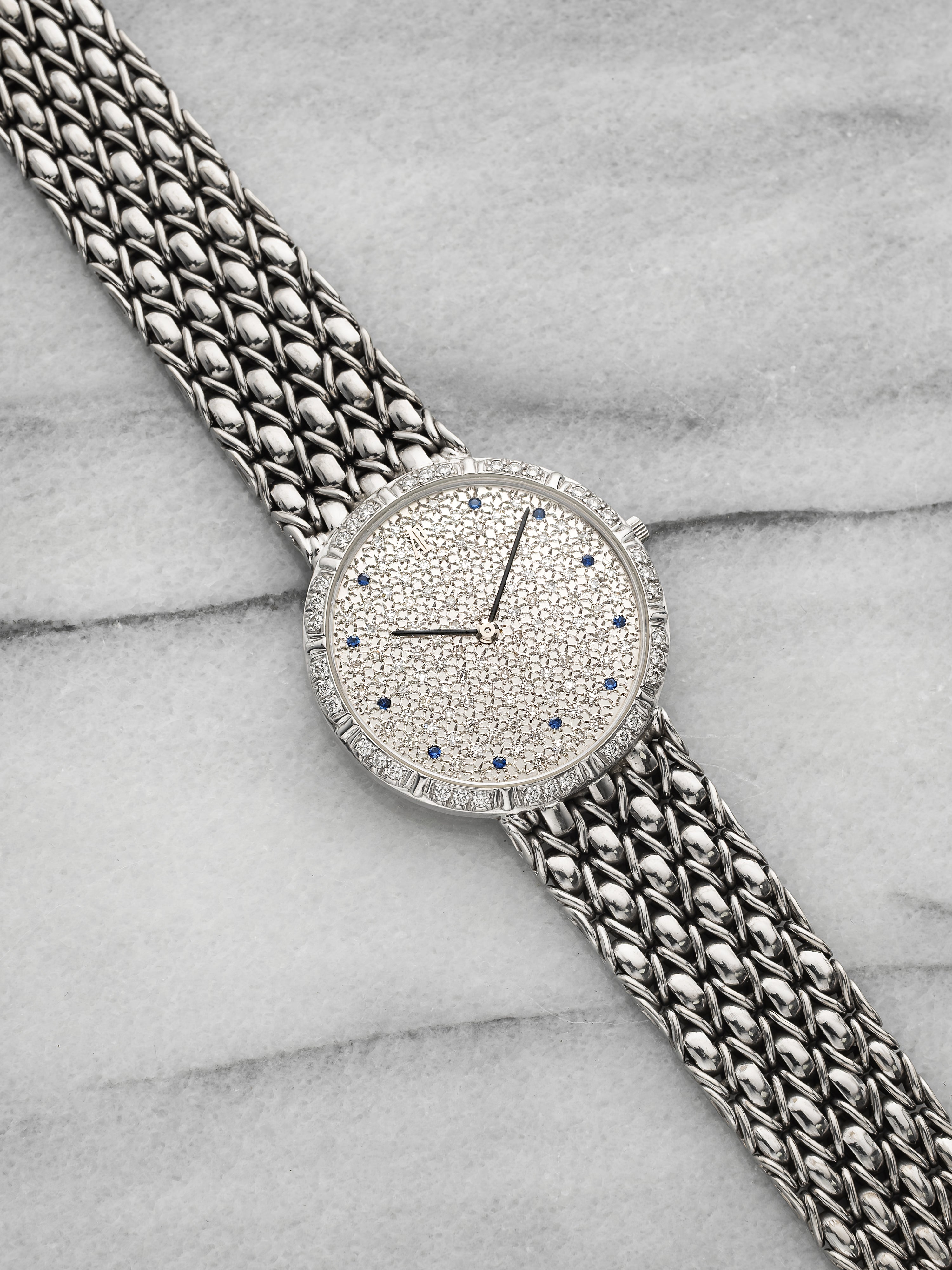 Vintage 1980s Audemars Piguet 18K WG Diamond Pave Sapphire Dial Manual 31mm