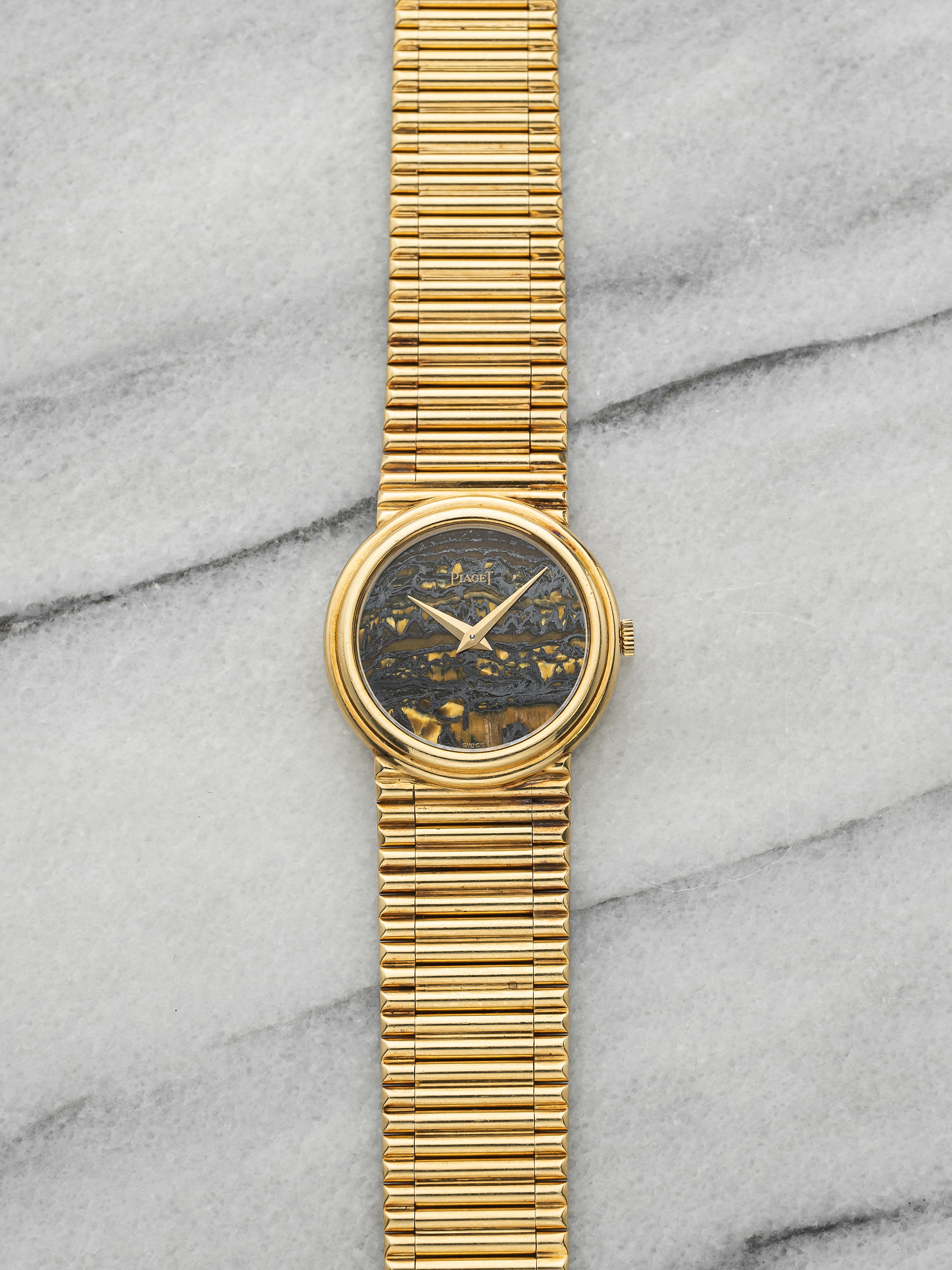 Vintage 1970s Piaget 9040 G1 18K Yellow Gold Tiger Iron Stone Dial Manual 26mm