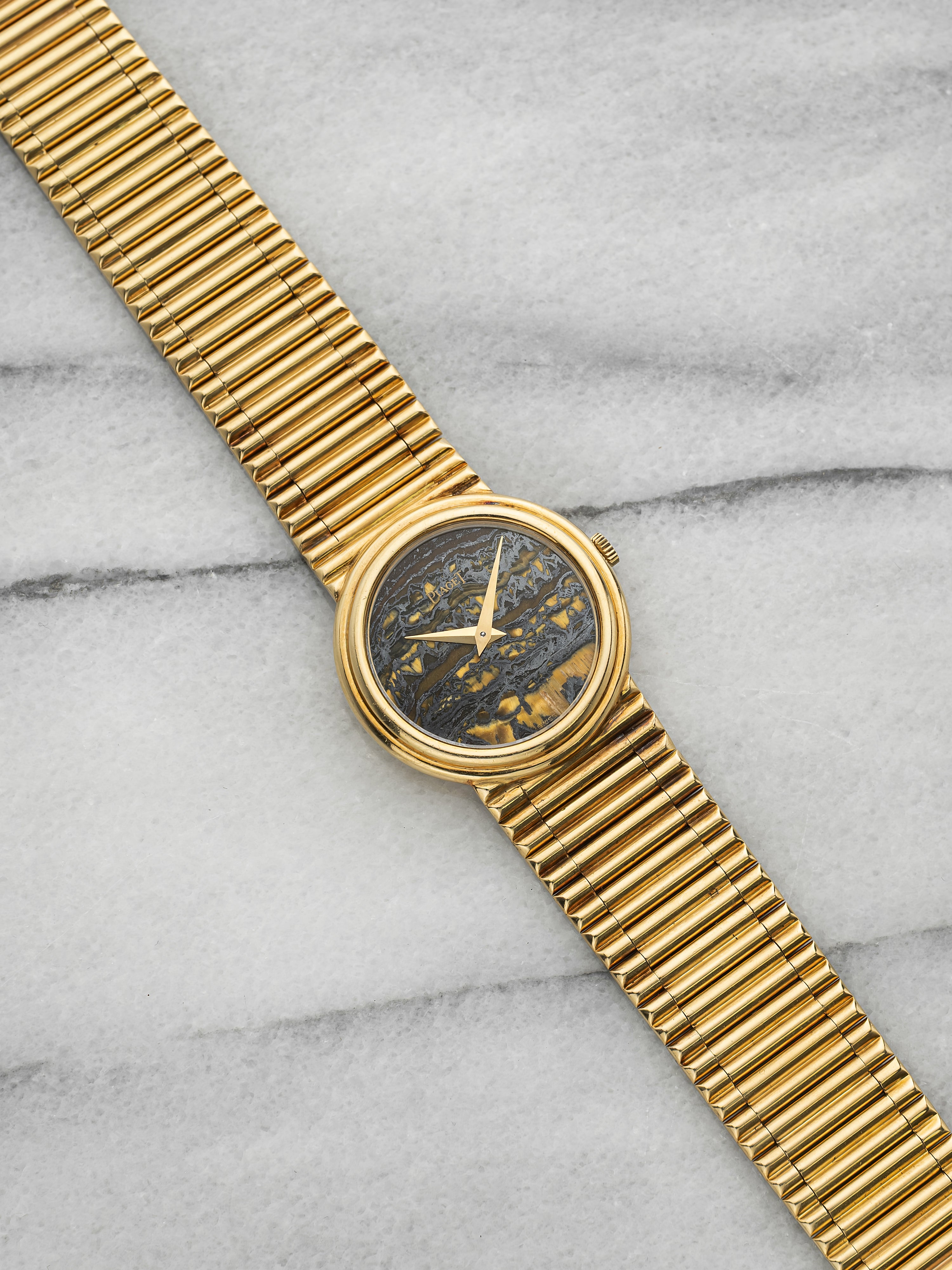 Vintage 1970s Piaget 9040 G1 18K Yellow Gold Tiger Iron Stone Dial Manual 26mm