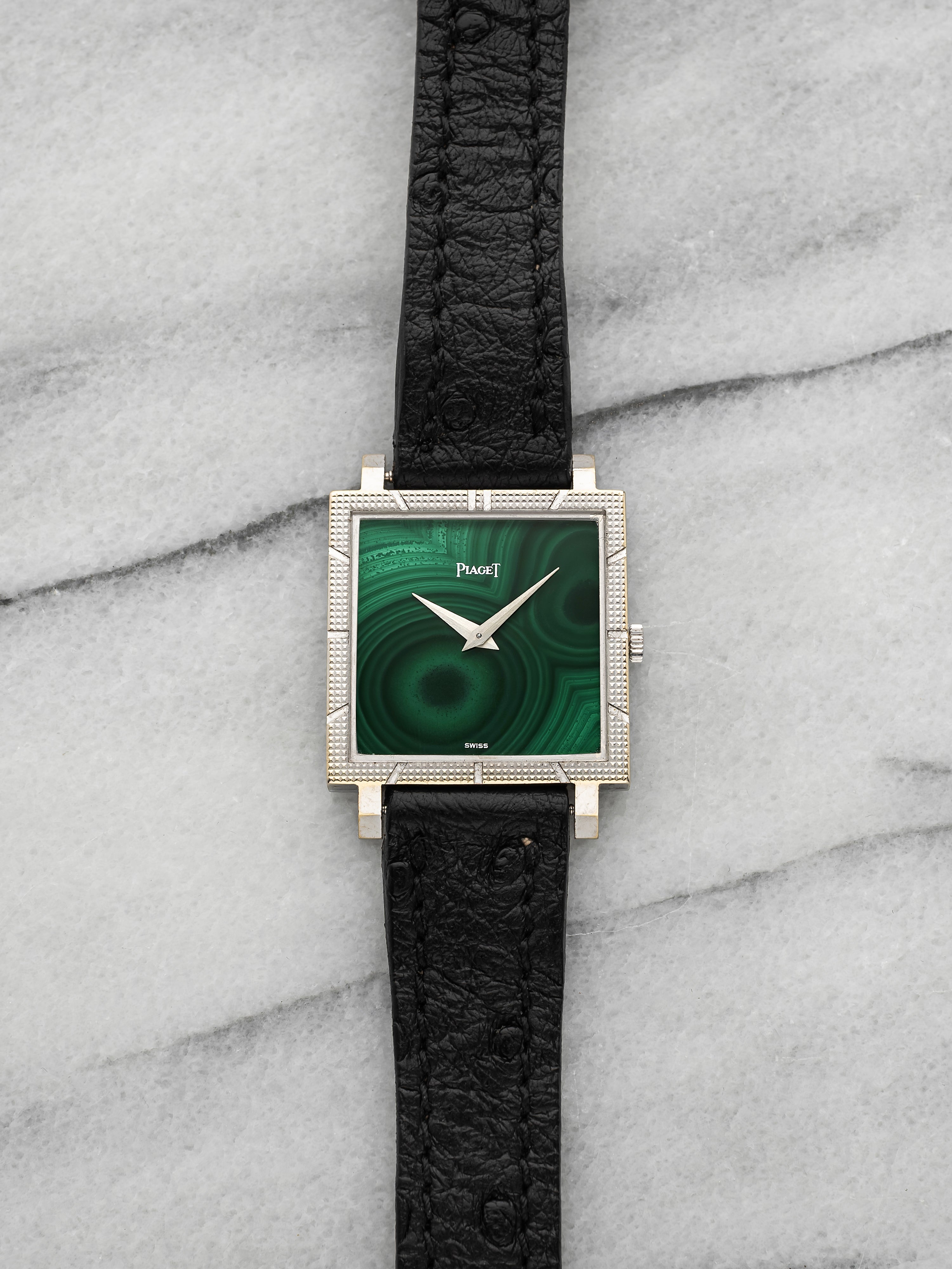 Vintage 1970s Piaget 937 Square Hobnail 18K WG Malachite Dial Manual 30mm