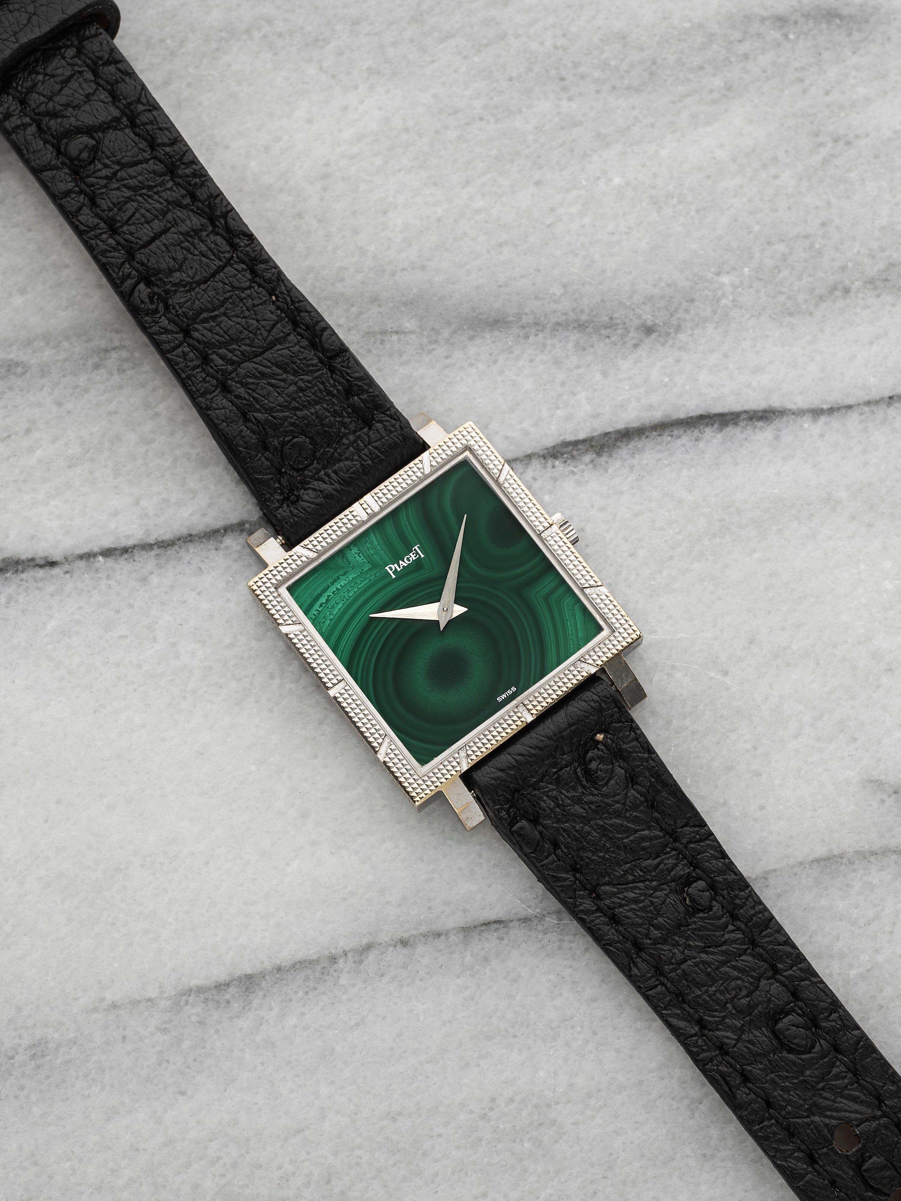 Vintage 1970s Piaget 937 Square Hobnail 18K WG Malachite Dial Manual 30mm