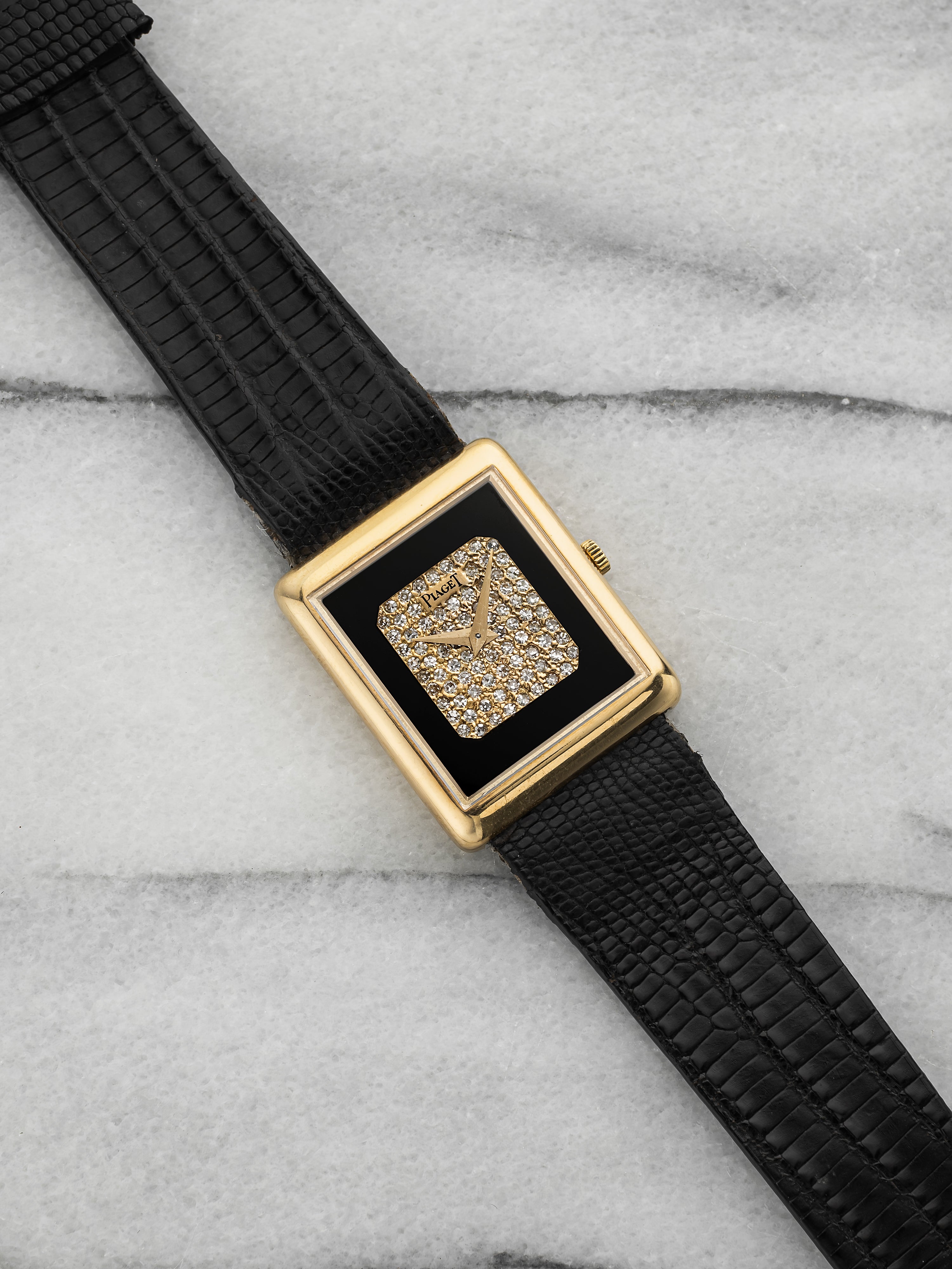 Vintage 1970s Piaget Protocole 9150 18K YG Onyx Pavé Diamond Dial Manual 23 mm