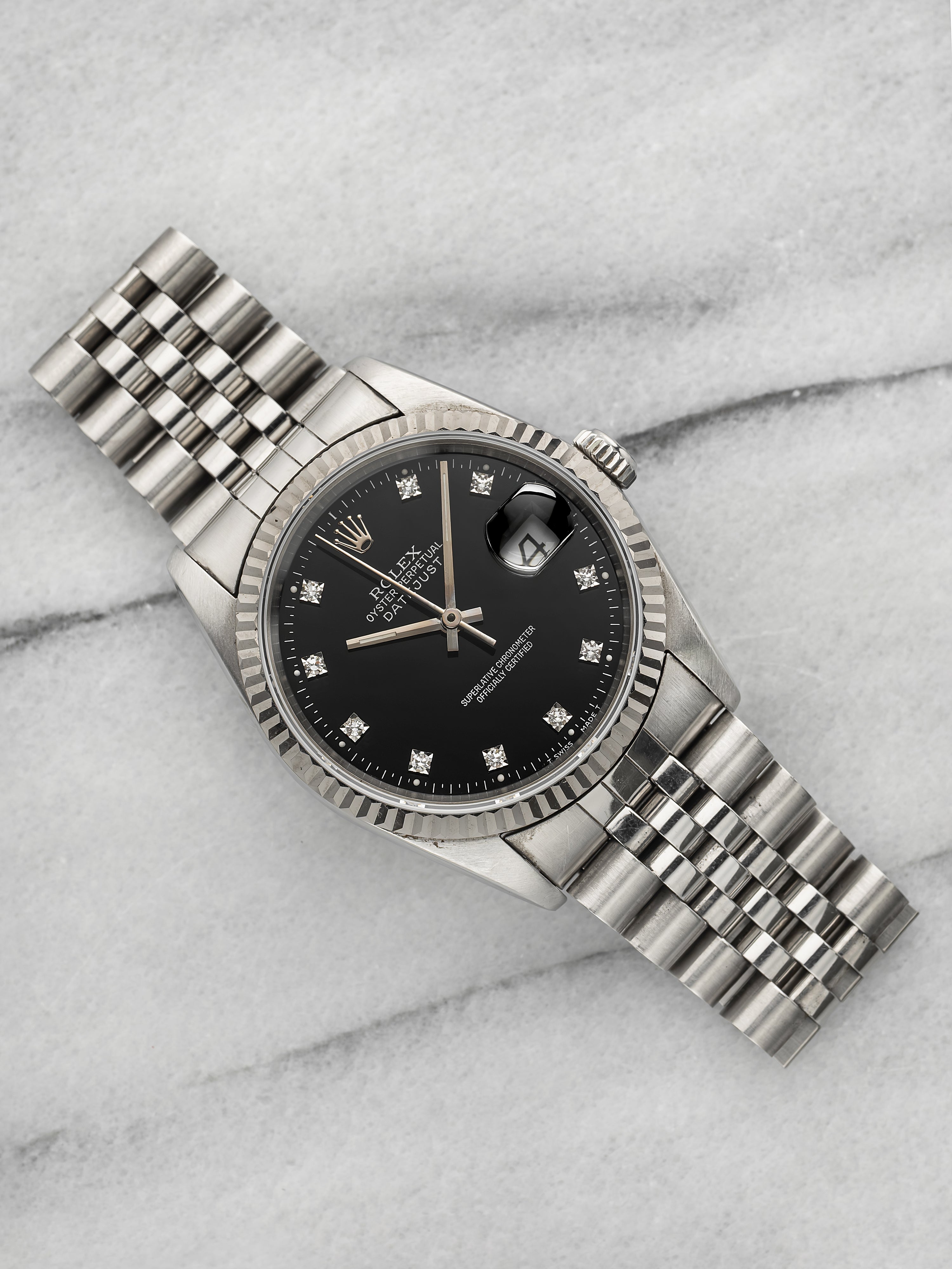 Vintage 1990 Rolex Datejust 16234 Steel 18K WG Bezel Diamond Indices Auto 36mm