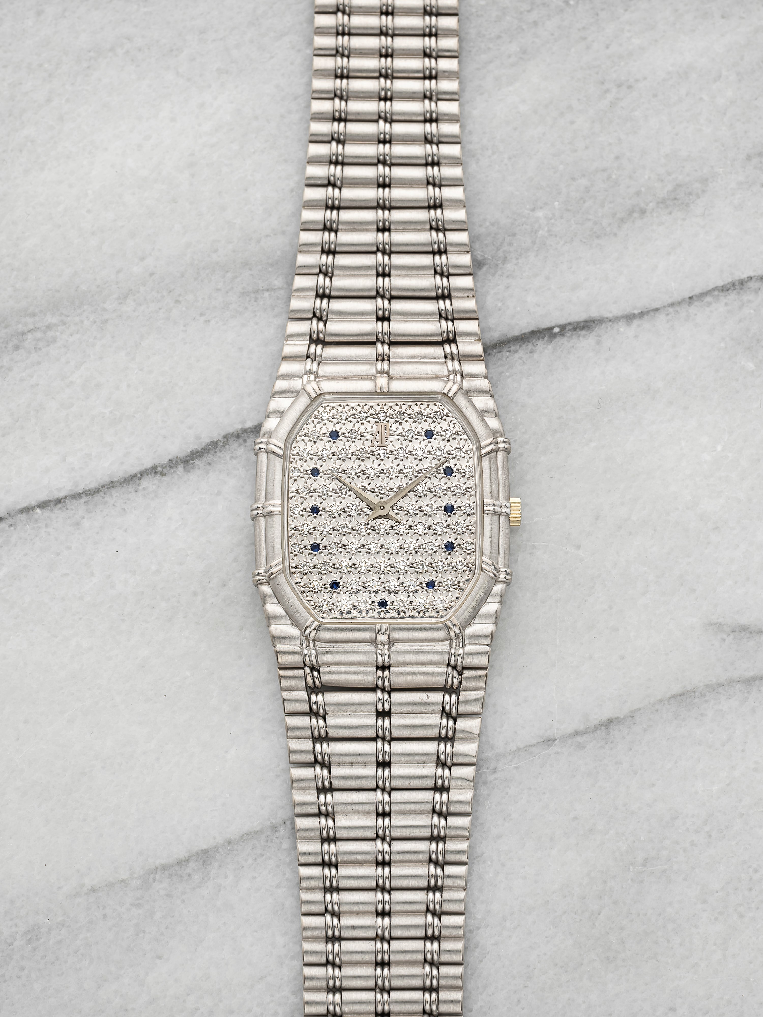Vintage 1995 Audemars Piguet Bamboo 18K WG Pave Diamond Sapphire Quartz 27mm