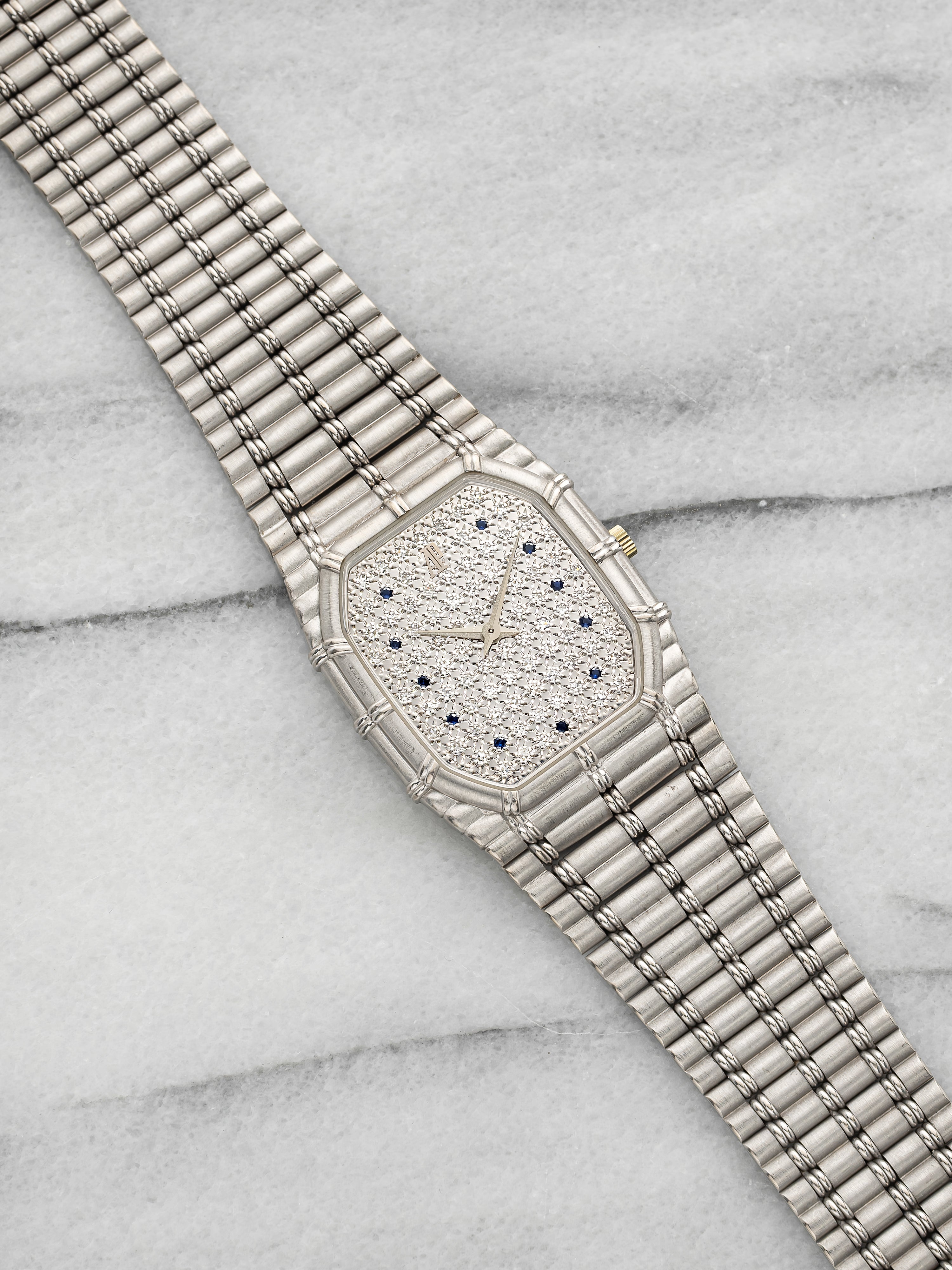 Vintage 1995 Audemars Piguet Bamboo 18K WG Pave Diamond Sapphire Quartz 27mm