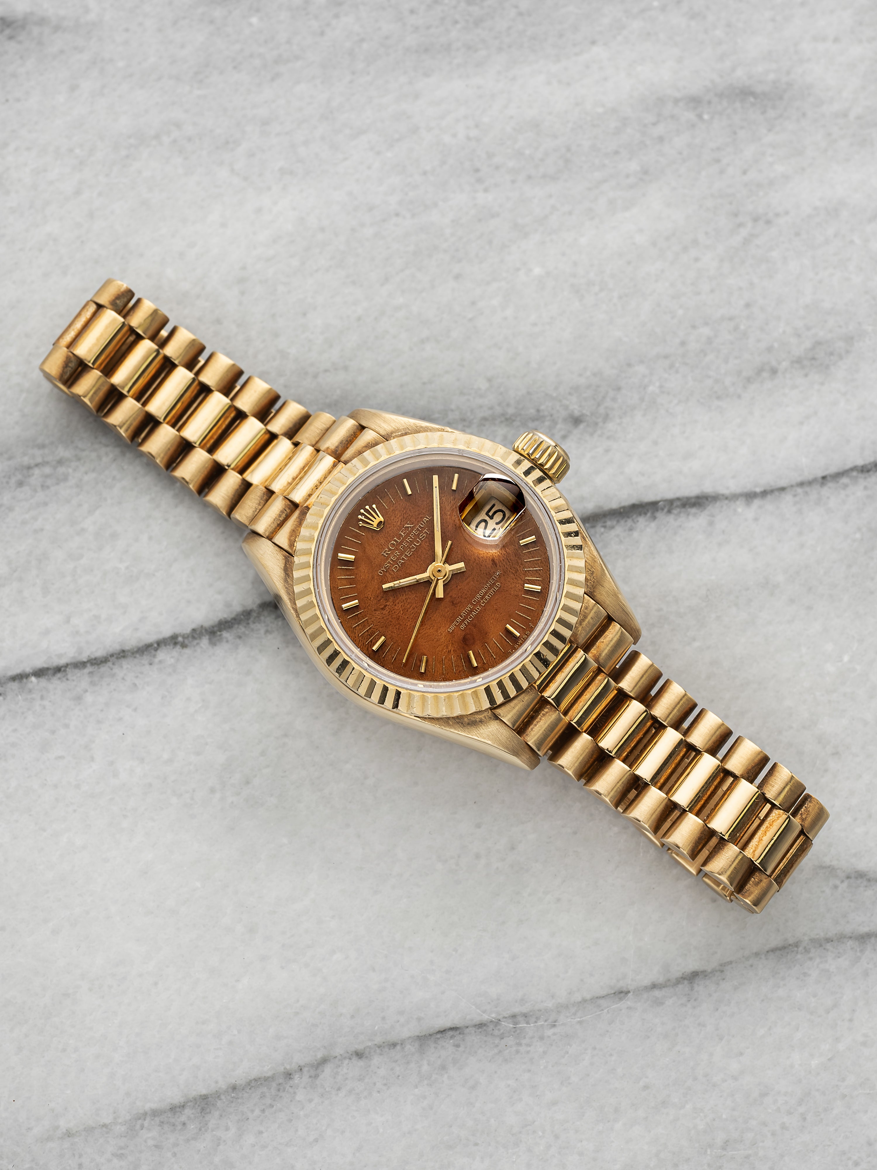Vintage 1989 Rolex Lady Datejust 69178 18K YG Walnut Burl Wood Dial Auto 26mm