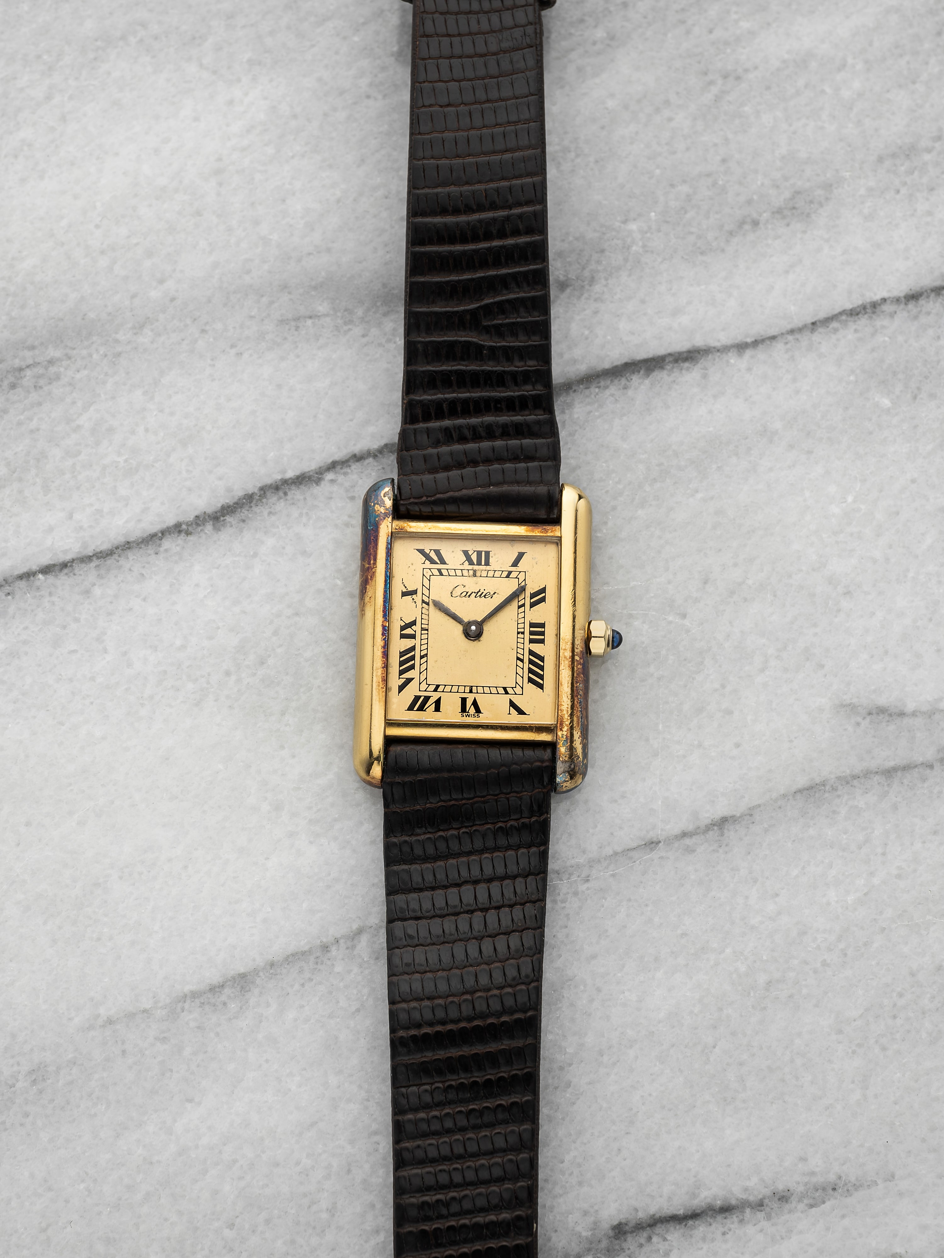 Vintage 1980s Cartier Tank 66001 Vermeil Champagne Roman Dial Quartz 21mm