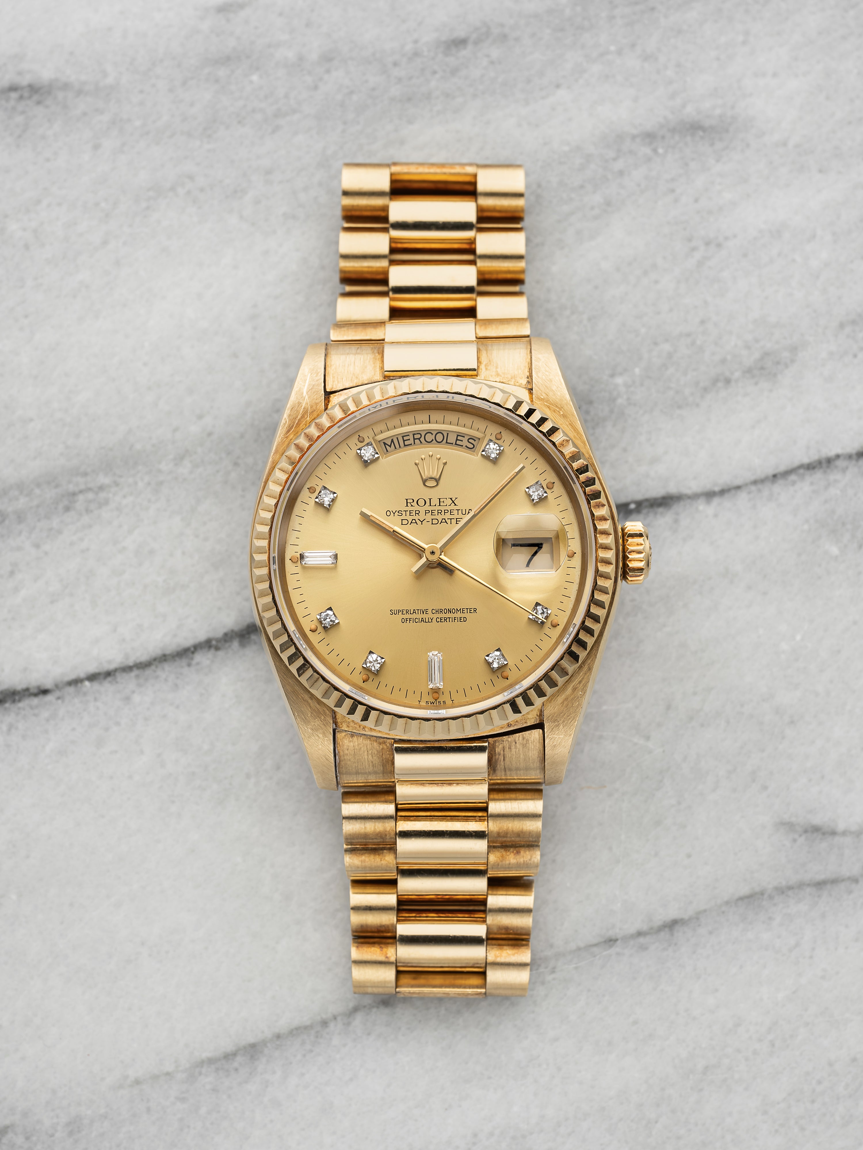 Vintage 1982 Rolex Day-Date 36 18038 YG Champagne Diamond Dial Auto 36mm