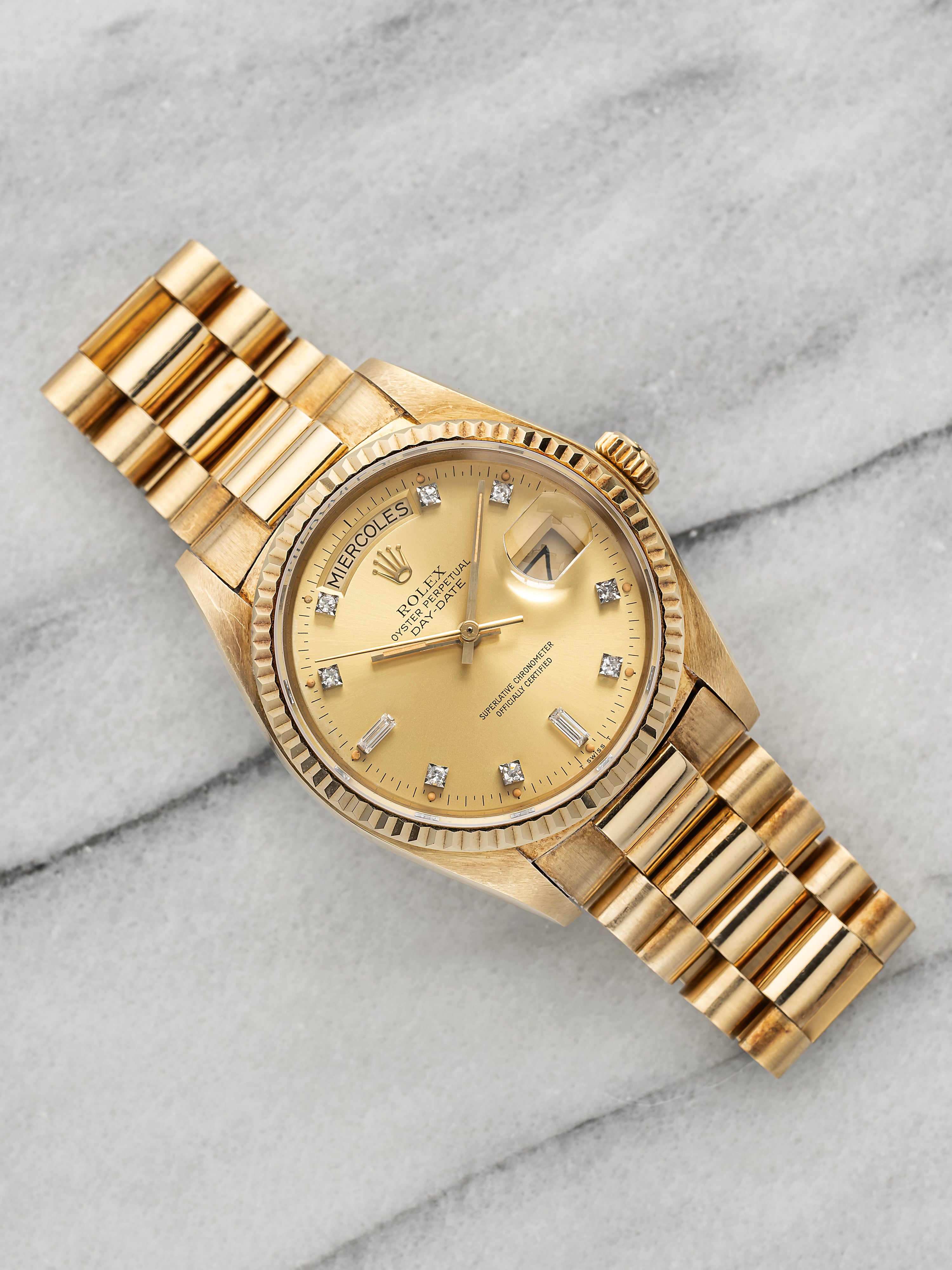 Vintage 1982 Rolex Day-Date 36 18038 YG Champagne Diamond Dial Auto 36mm
