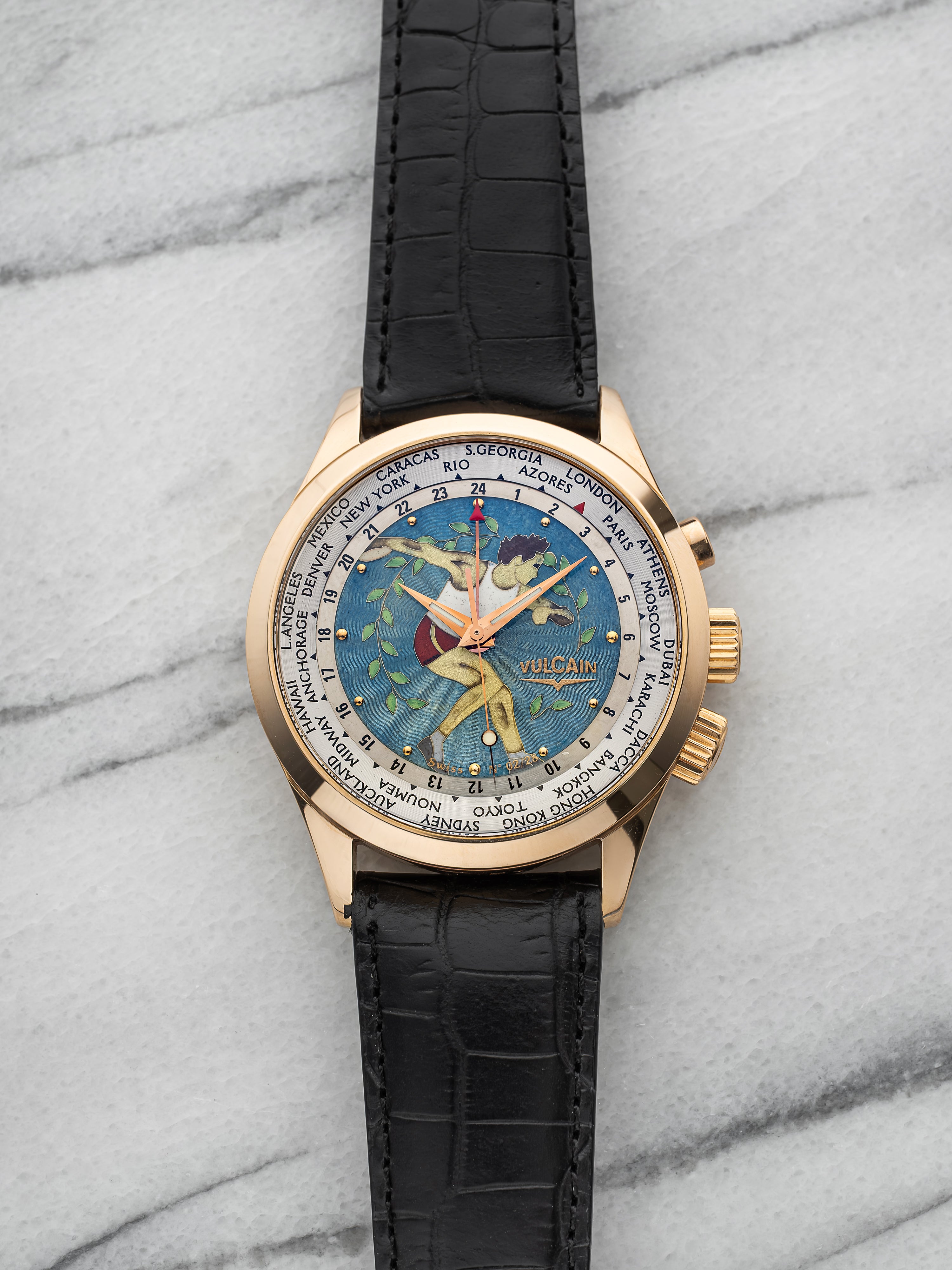 2004 Vulcain Cricket Alarm GMT World Time 100508.052 - 18K Yellow Gold, Enamel Dial