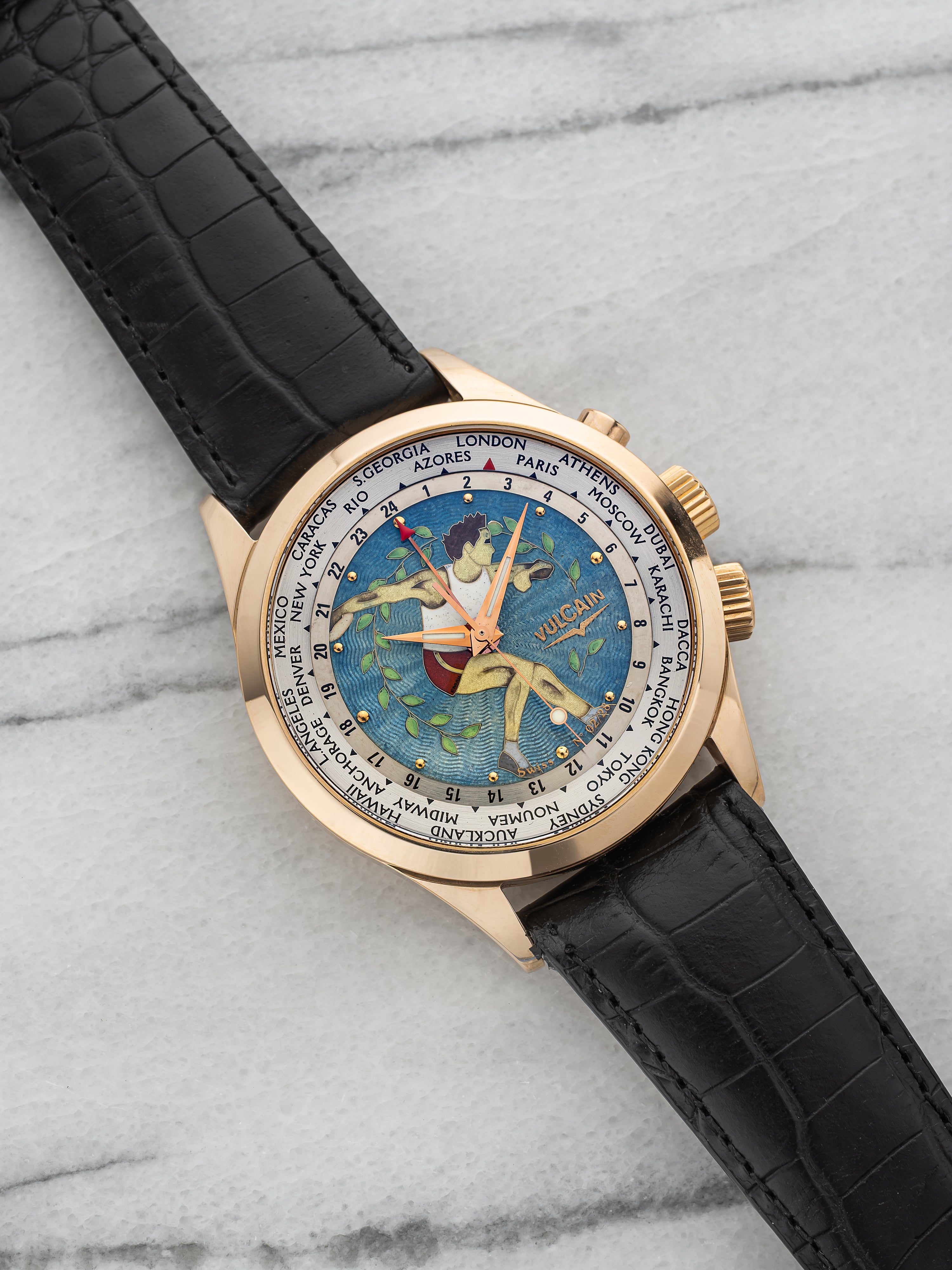 2004 Vulcain Cricket Alarm GMT World Time 100508.052 - 18K Yellow Gold, Enamel Dial