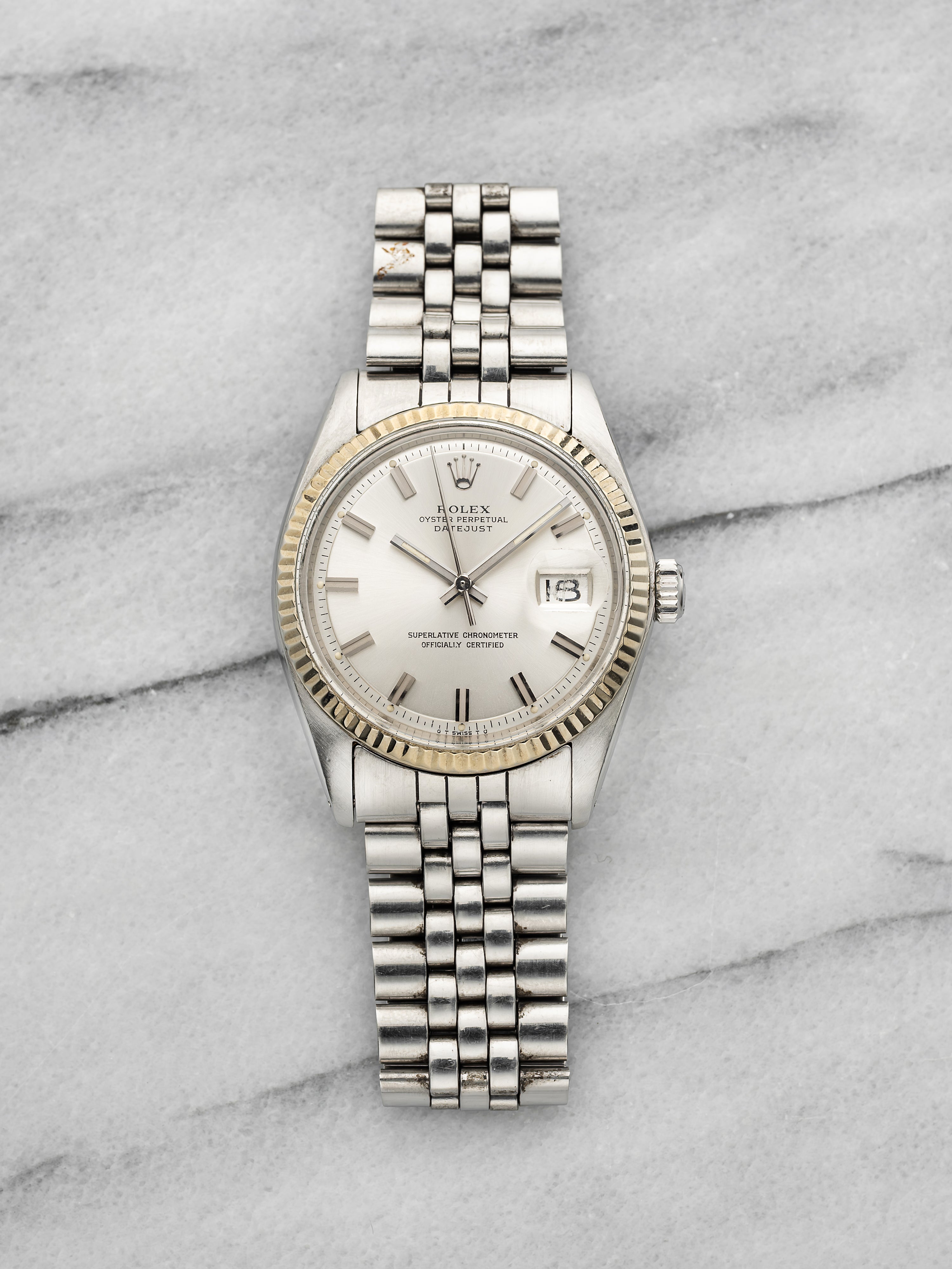 Vintage 1975 Rolex Datejust 1601 18K White Gold Silver Wide Boy Dial Auto 36mm