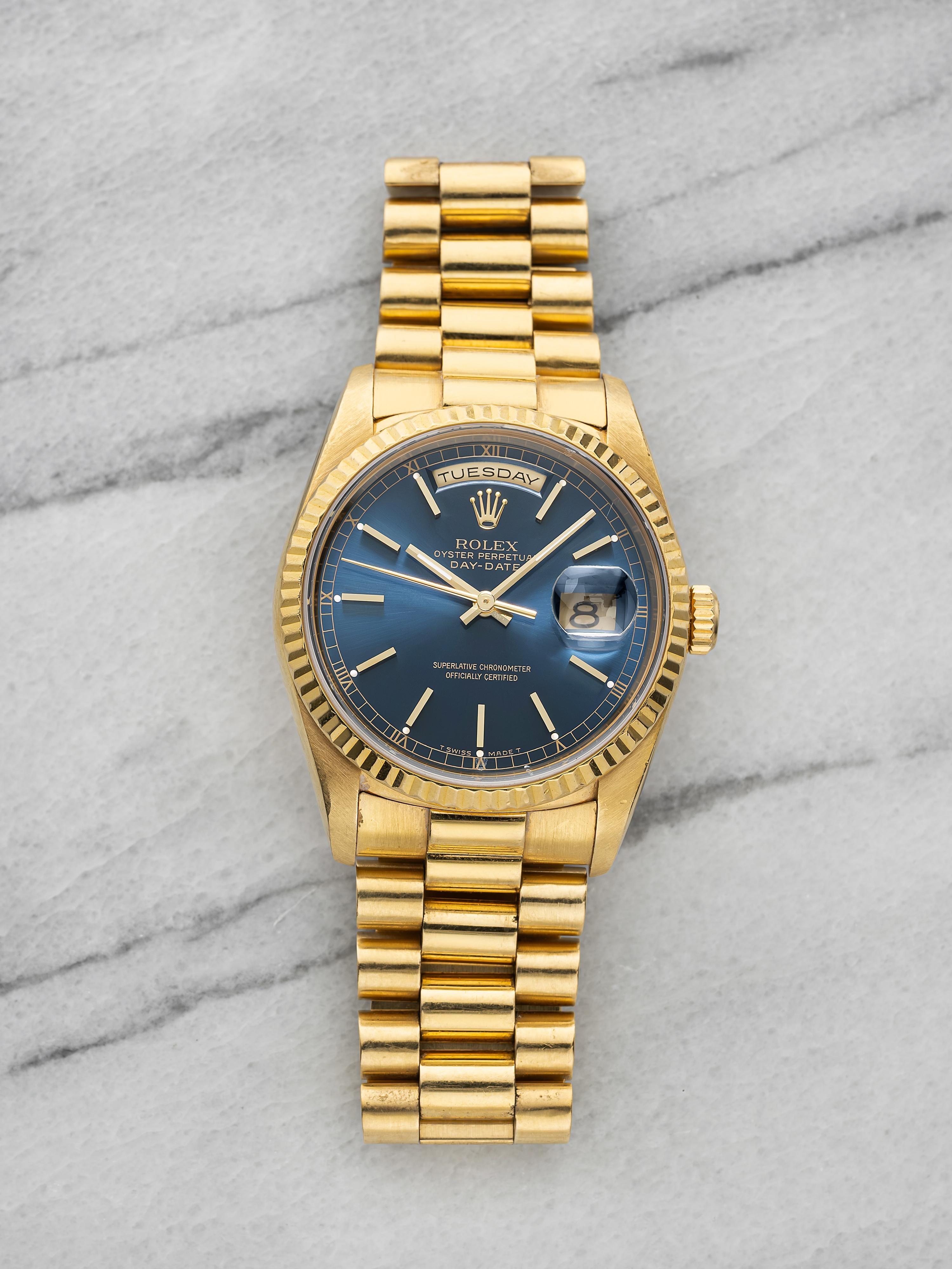 Vintage 1990 Rolex Day-Date 18238 18K Yellow Gold Blue Sunburst Dial Auto 36mm