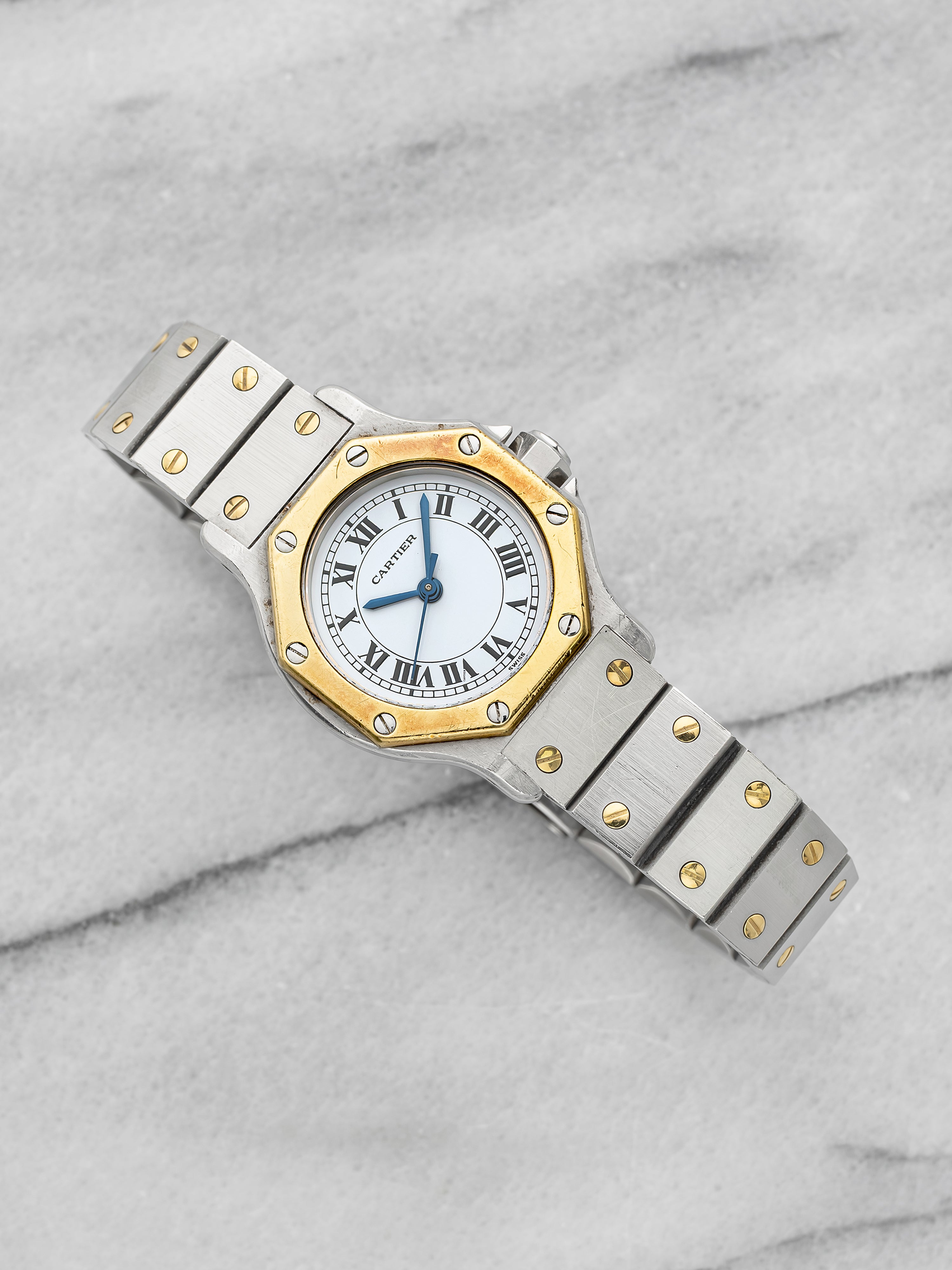 Vintage 1980s Cartier Santos Octagon 0907 Two Tone White Roman Dial Auto 25mm