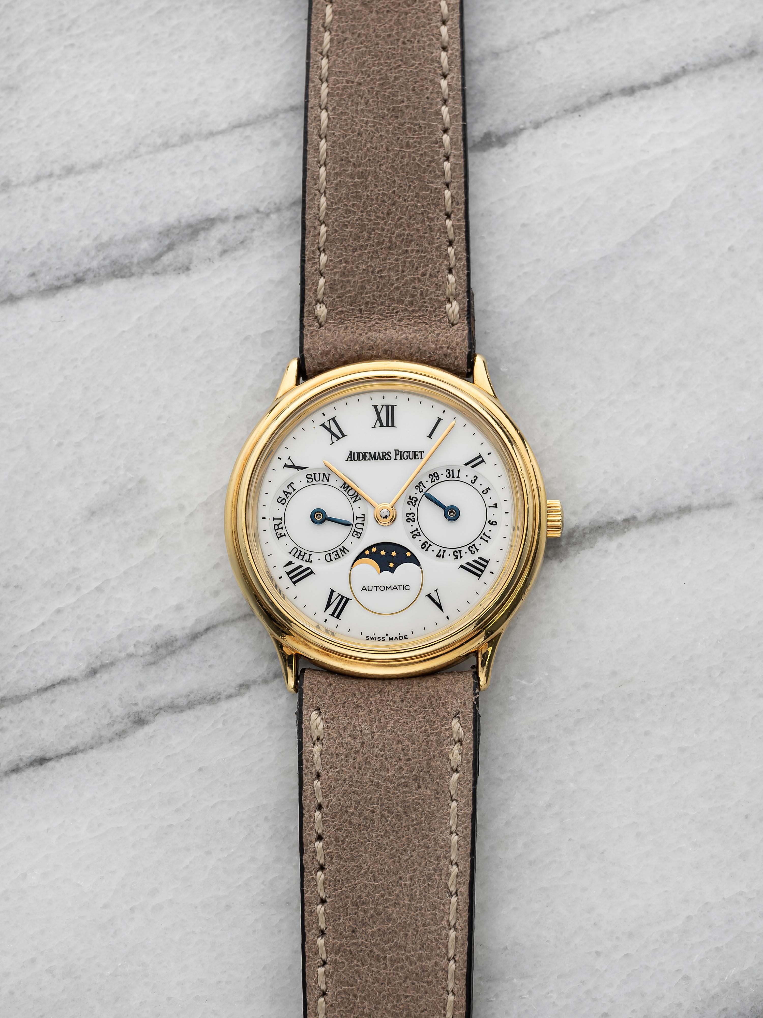 Vintage 1990s Audemars Piguet Day Date Moonphase 25589BA 18K YG Auto Roman 33mm