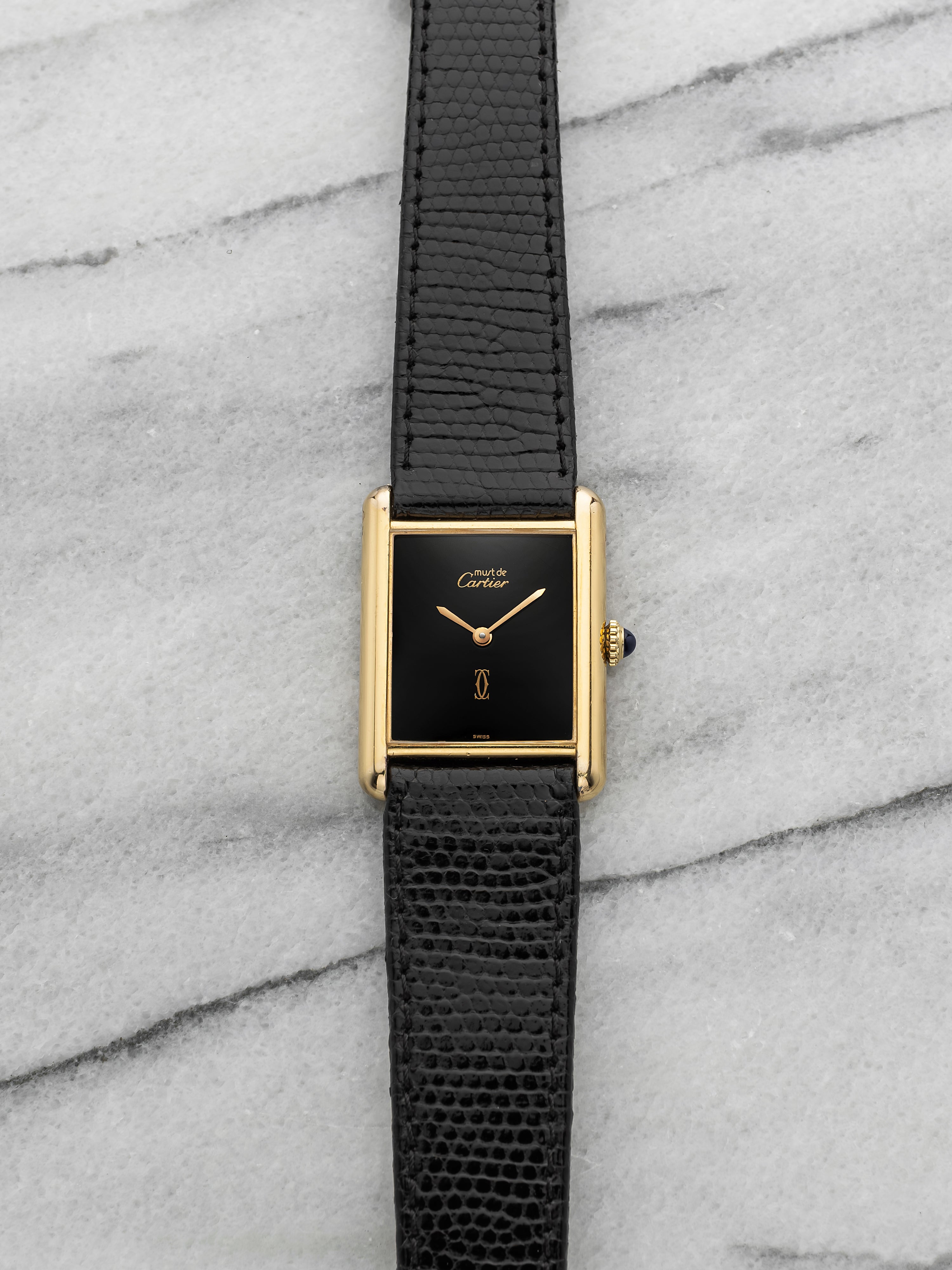 Vintage 1970s Cartier Must Tank Gold Vermeil Black Spider Dial Manual 23mm