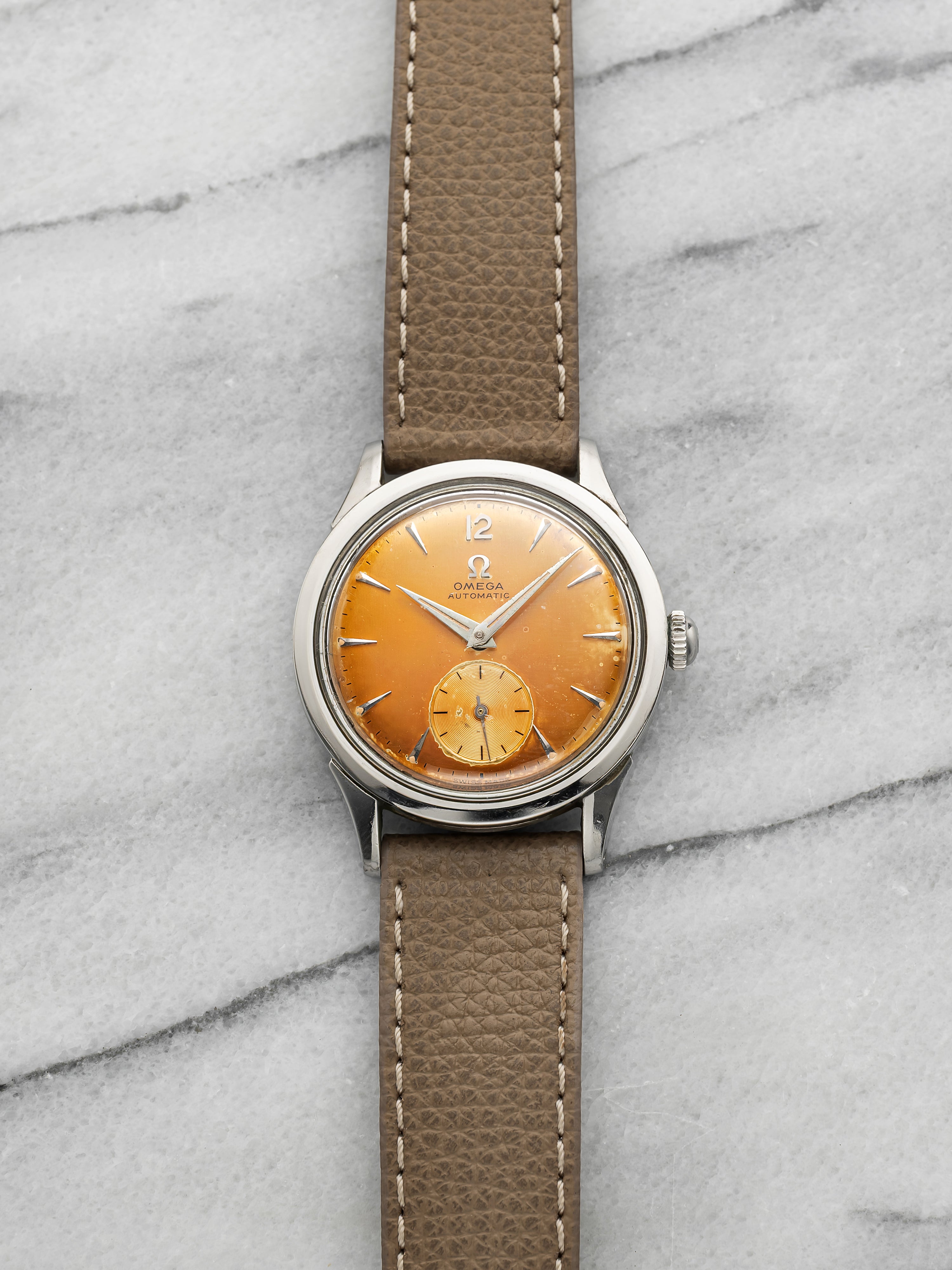 Vintage 1960s Omega Geneve Stainless Steel Tropical Mars Patina Dial Auto 38mm