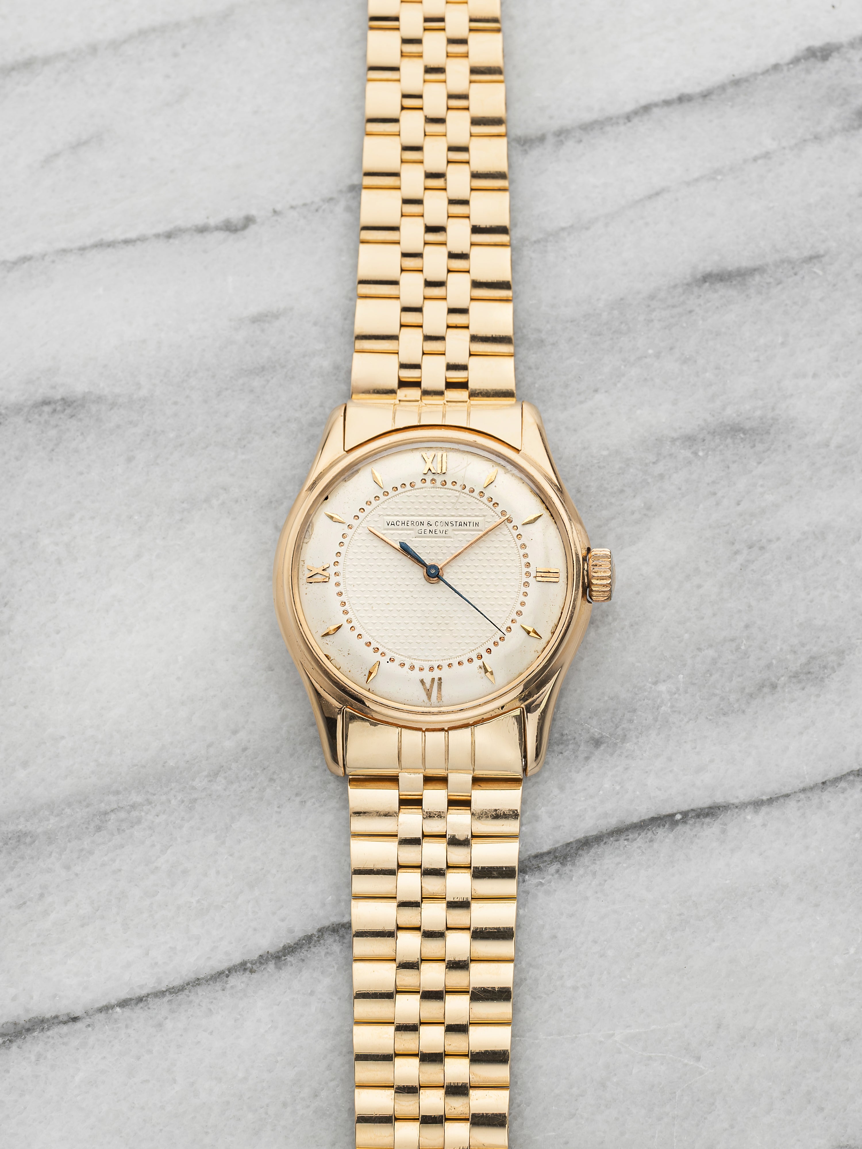 Vintage 1950s Vacheron Constantin Dress 18K YG Silvered Guilloche Dial Auto 35mm