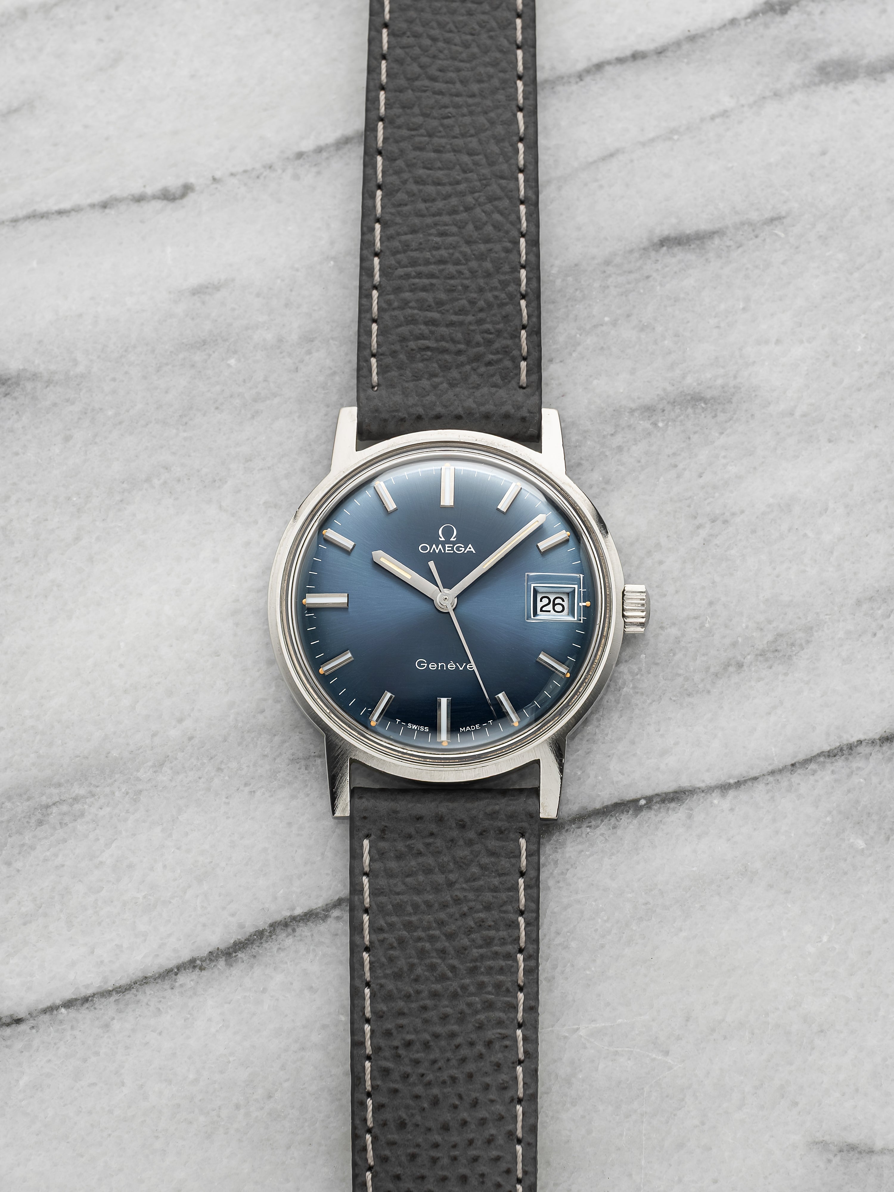 Vintage 1960s Omega Geneve 166.020 Steel Case Blue Sunburst Dial Auto 36mm