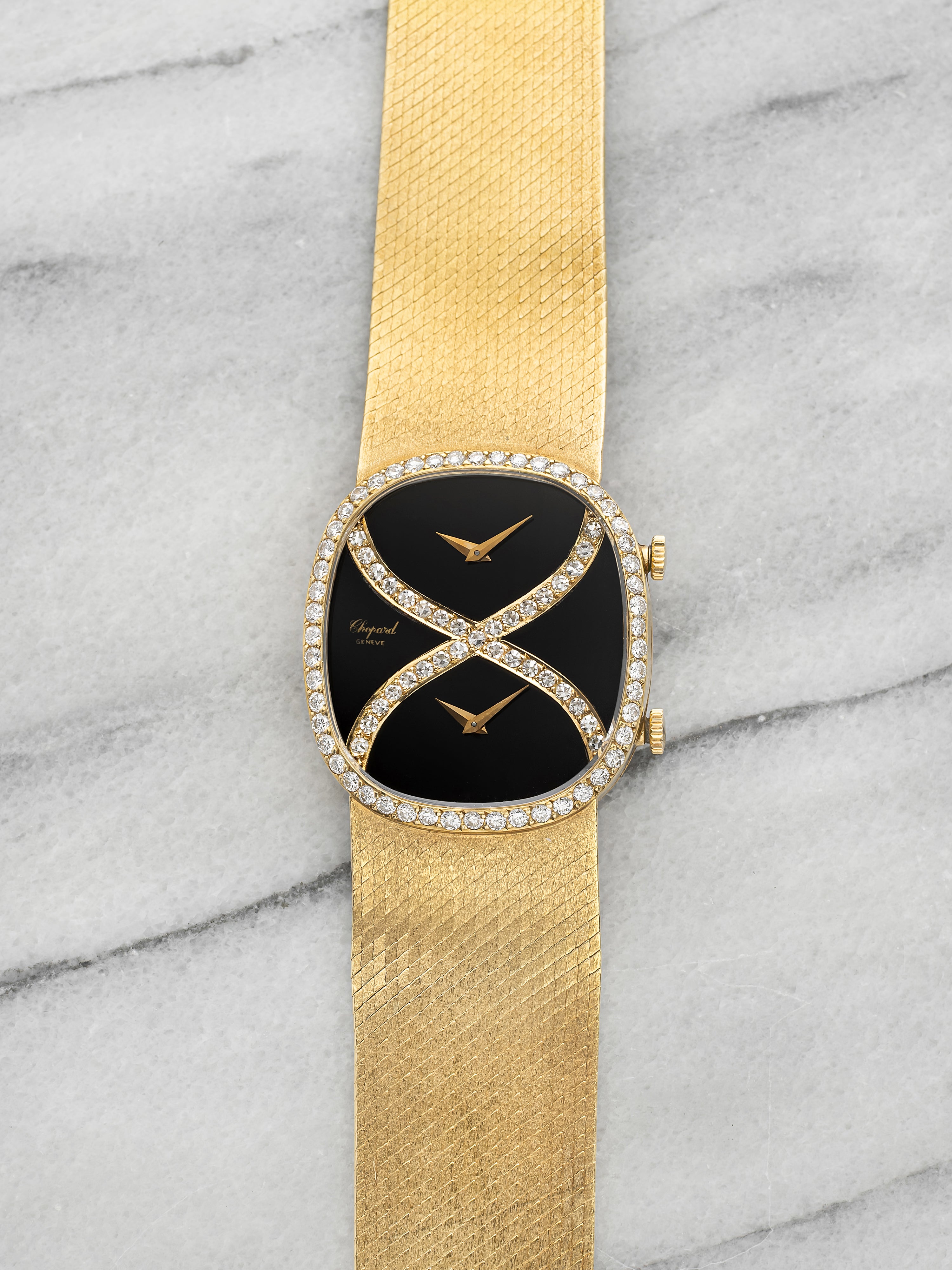 1970s Chopard Dual Time 18K Yellow Gold Onyx Diamond Dial Manual 30mm