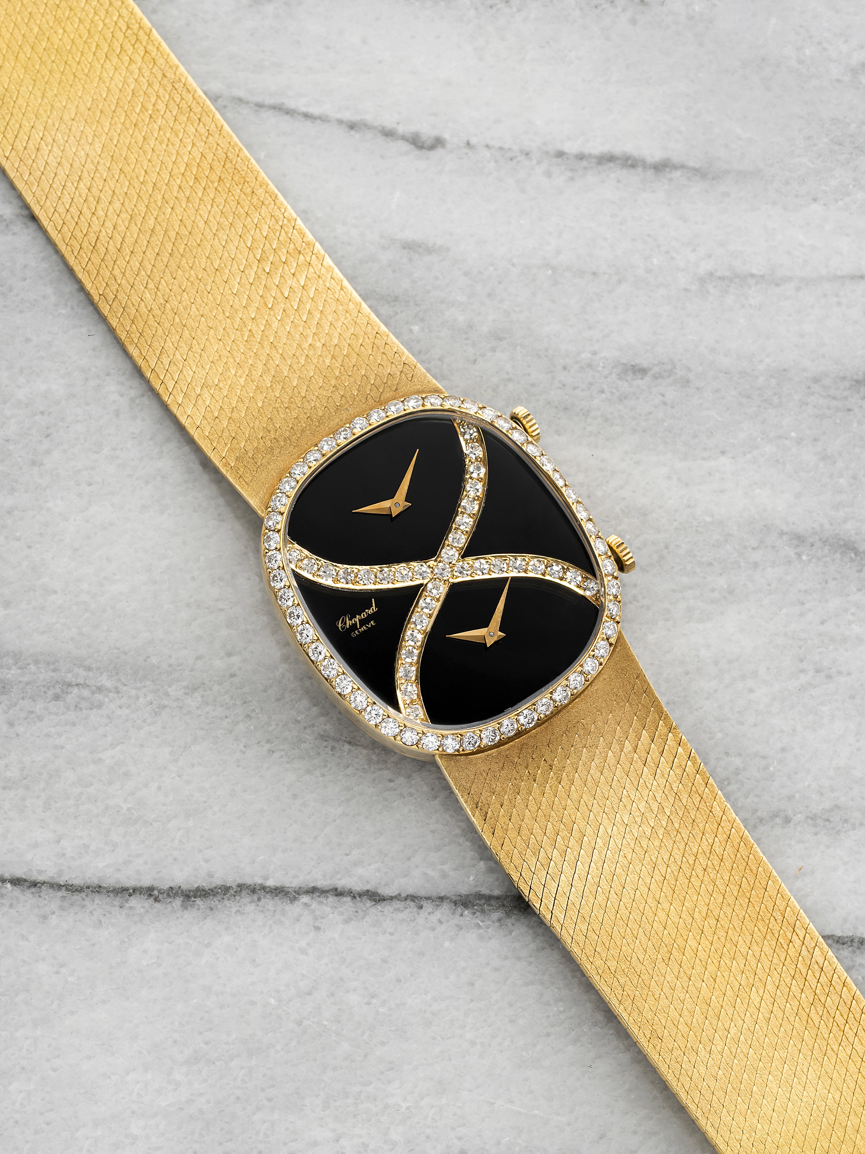 1970s Chopard Dual Time 18K Yellow Gold Onyx Diamond Dial Manual 30mm