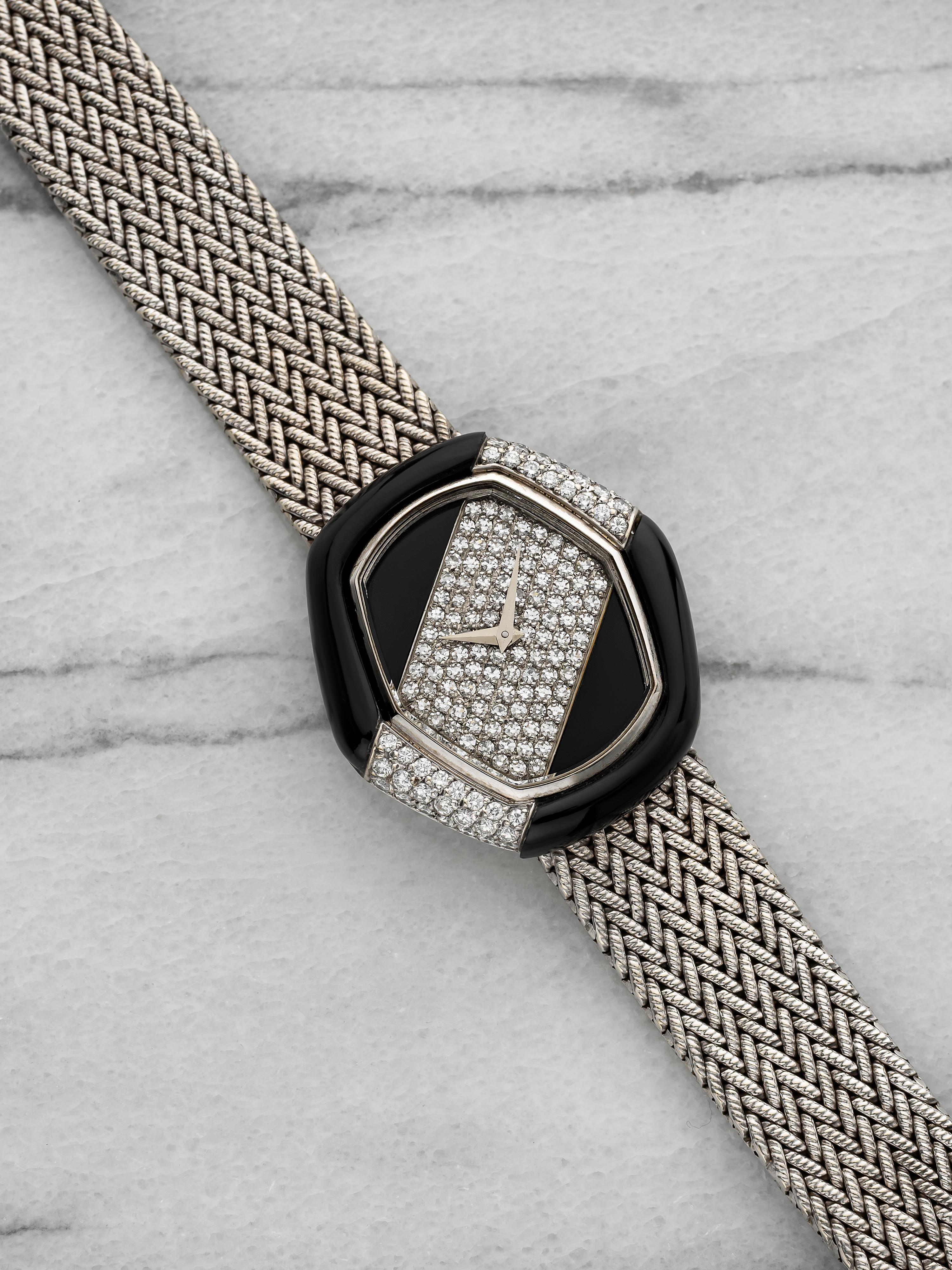 Vintage 1970s DeLaneau 18K WG Manual Onyx & Pave Diamond Dial 33 mm