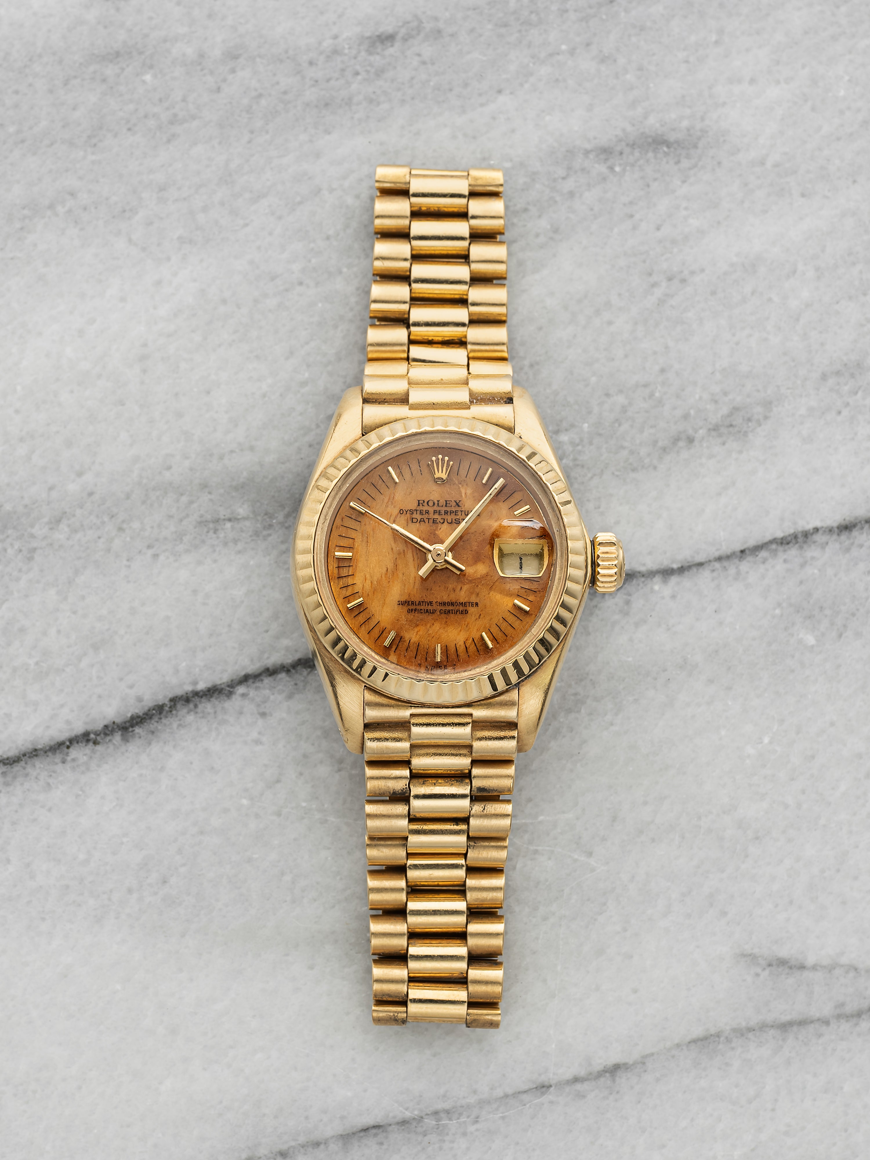 Vintage 1979 Rolex Datejust 69178 18K YG Walnut Burl Wood Dial Auto 26mm