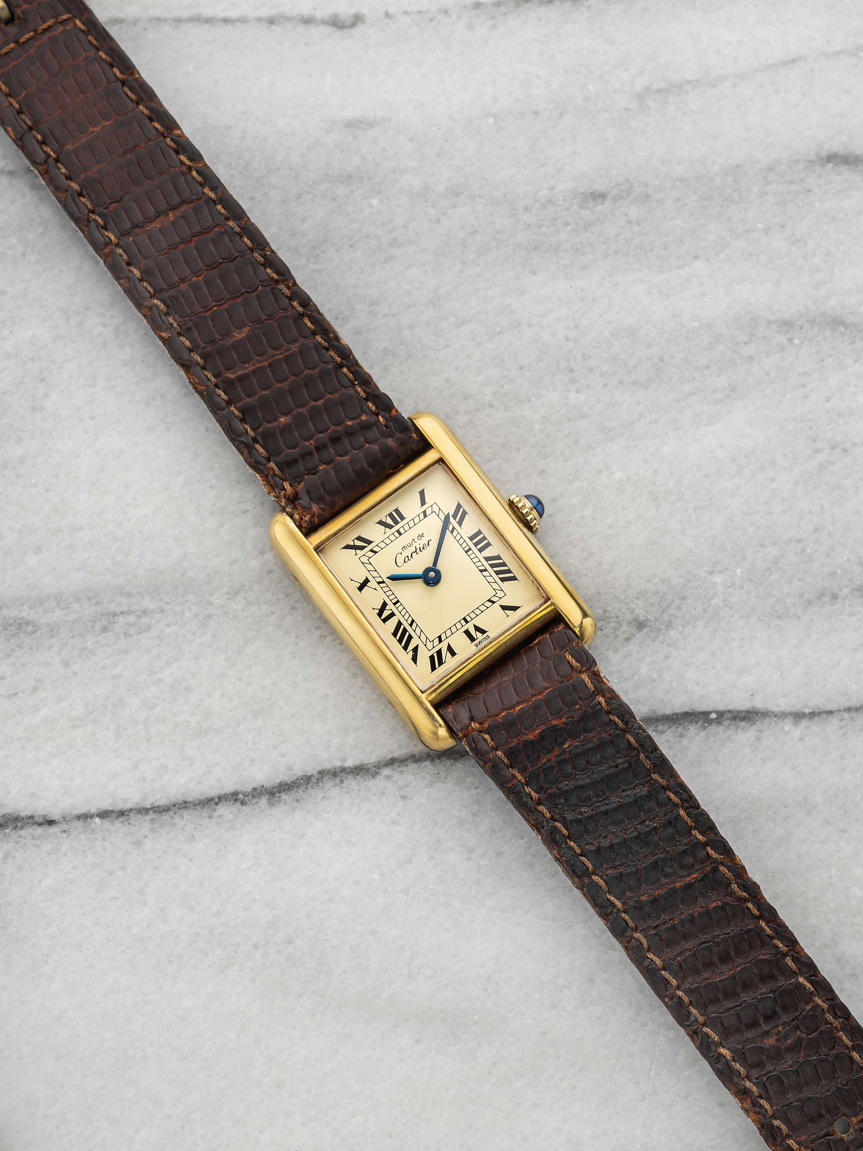 Vintage 1970s Cartier Tank Must Vermeil Roman Lemon Dial Manual