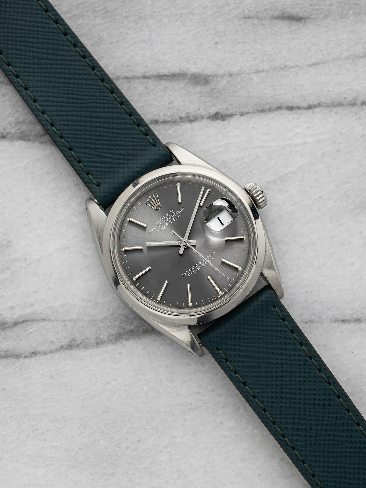 Vintage 1970s Rolex Oyster Perpetual Date 1500 Steel Grey Dial Auto 34mm