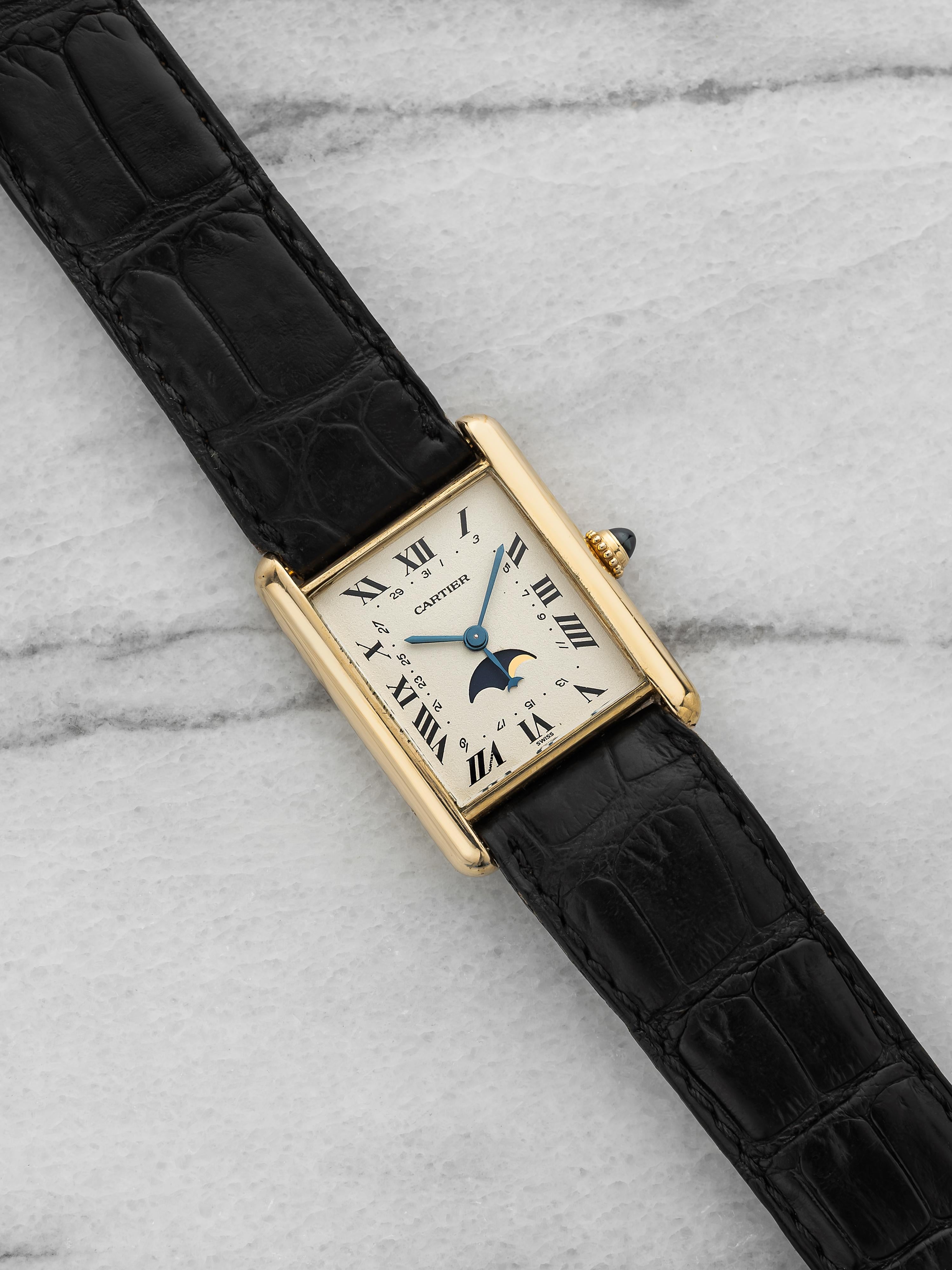 Vintage 1990s Cartier Tank Moonphase 8190 18K YG White Roman Dial Quartz 23 mm