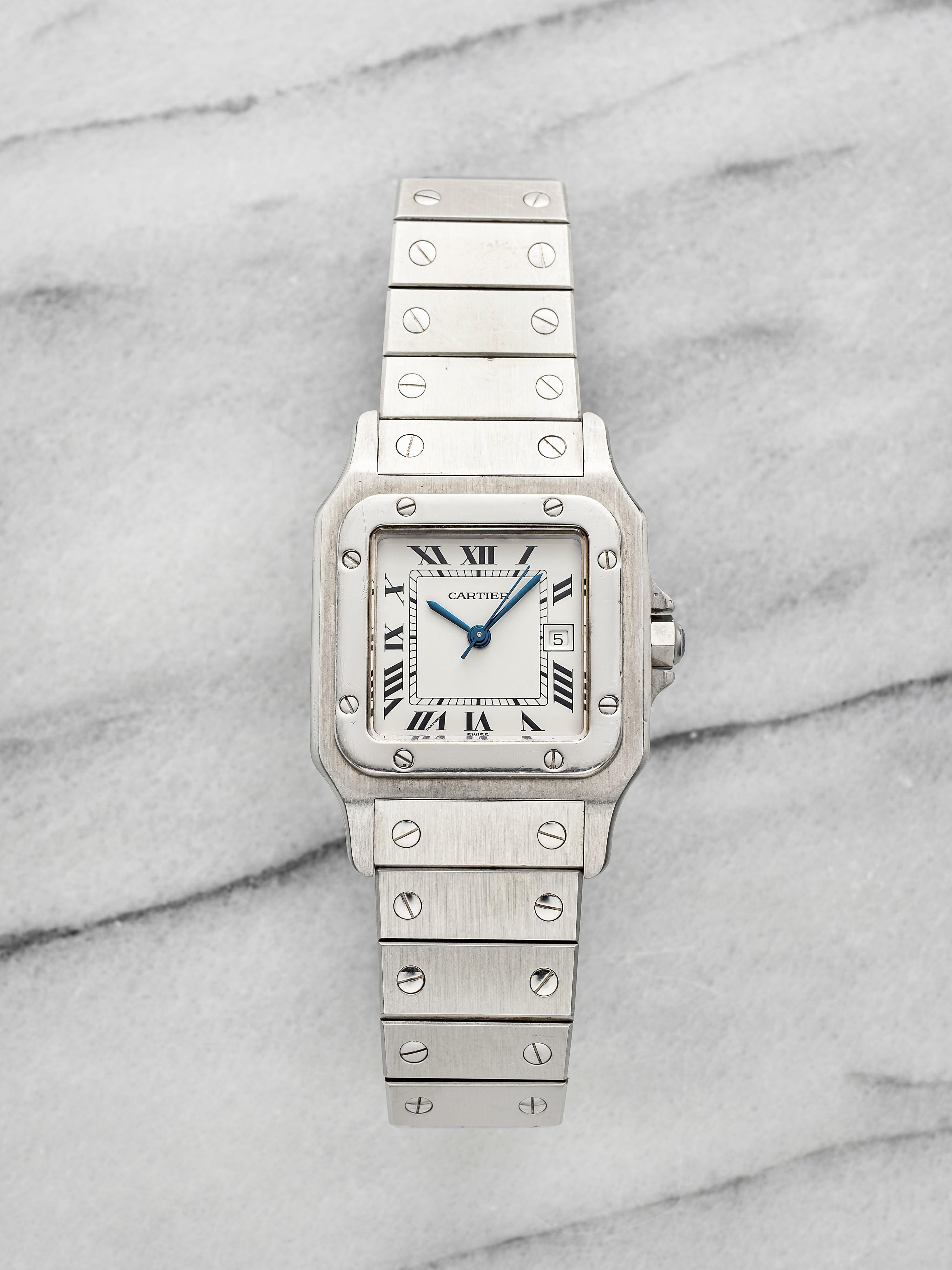 Vintage 1980s Cartier Santos Carree 2960 Steel White Roman Dial Auto 29mm